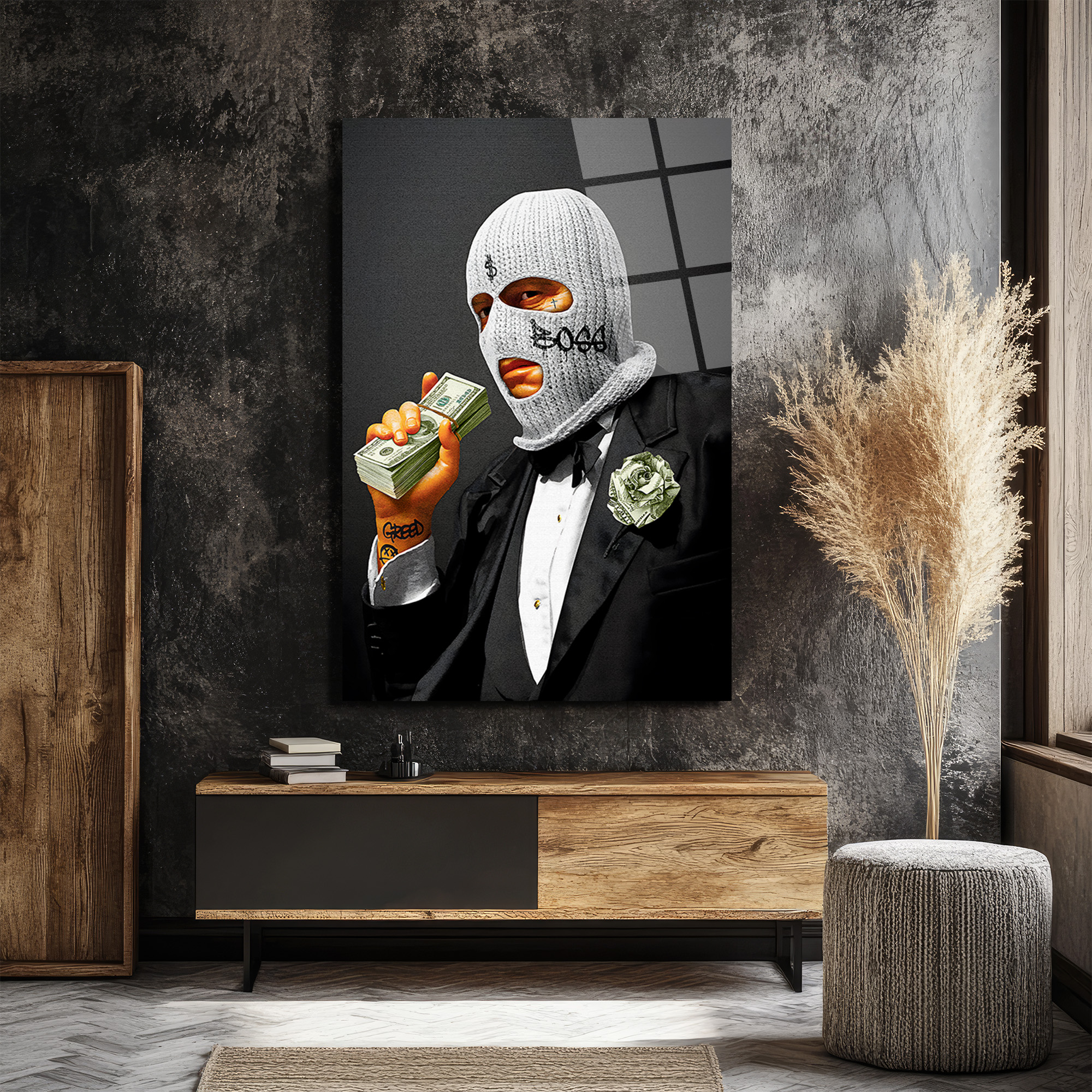 Boss ve Dolar Detaylı Cam Tablo | Modern Sanat Duvar Dekoru Duvar Dekoru Boss ve Dolar Detaylı Cam Tablo | Modern Sanat Duvar Dekoru