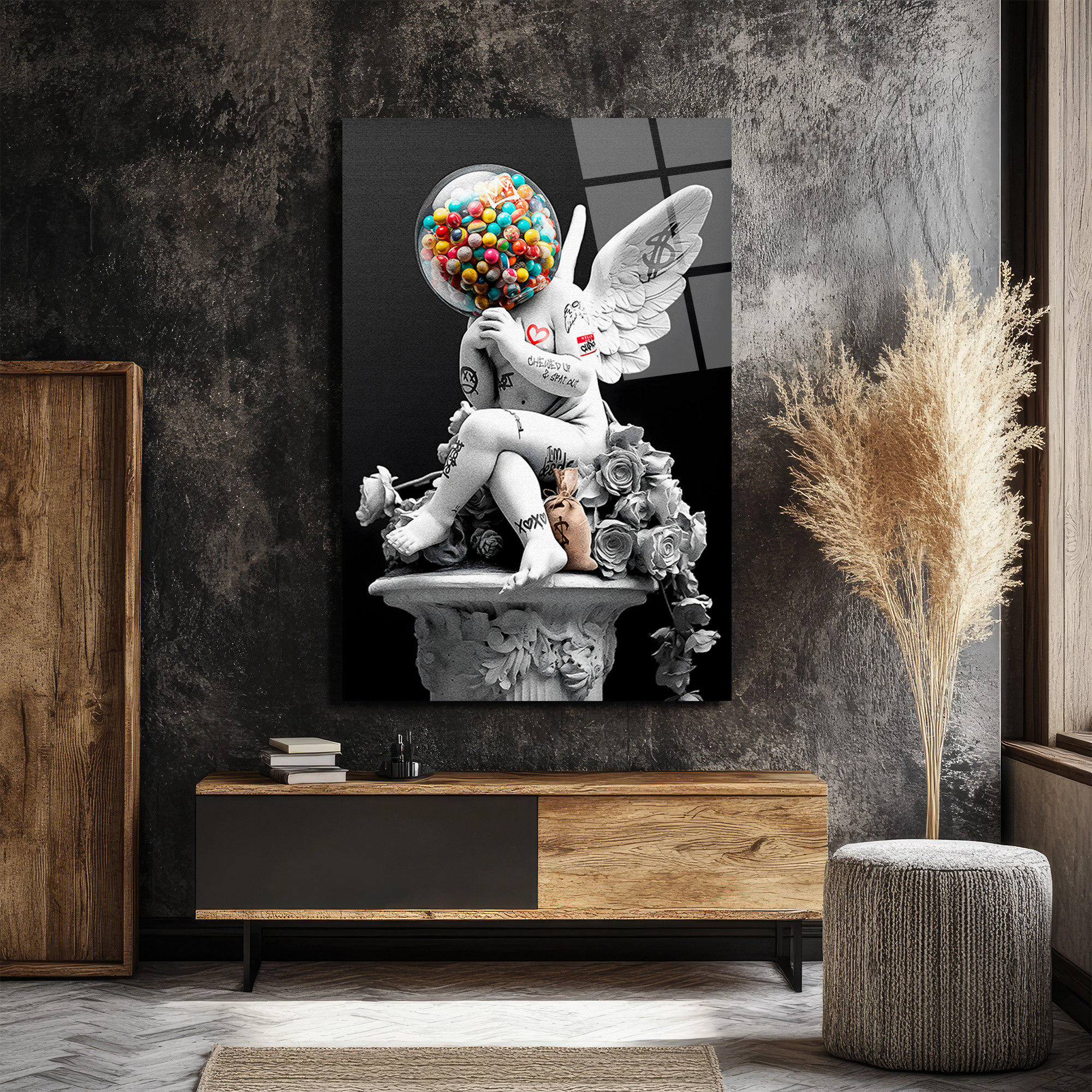 Asi Cupid Gumball Kafa Modern Cam Tablo Duvar Dekoru Asi Cupid Gumball Kafa Modern Cam Tablo