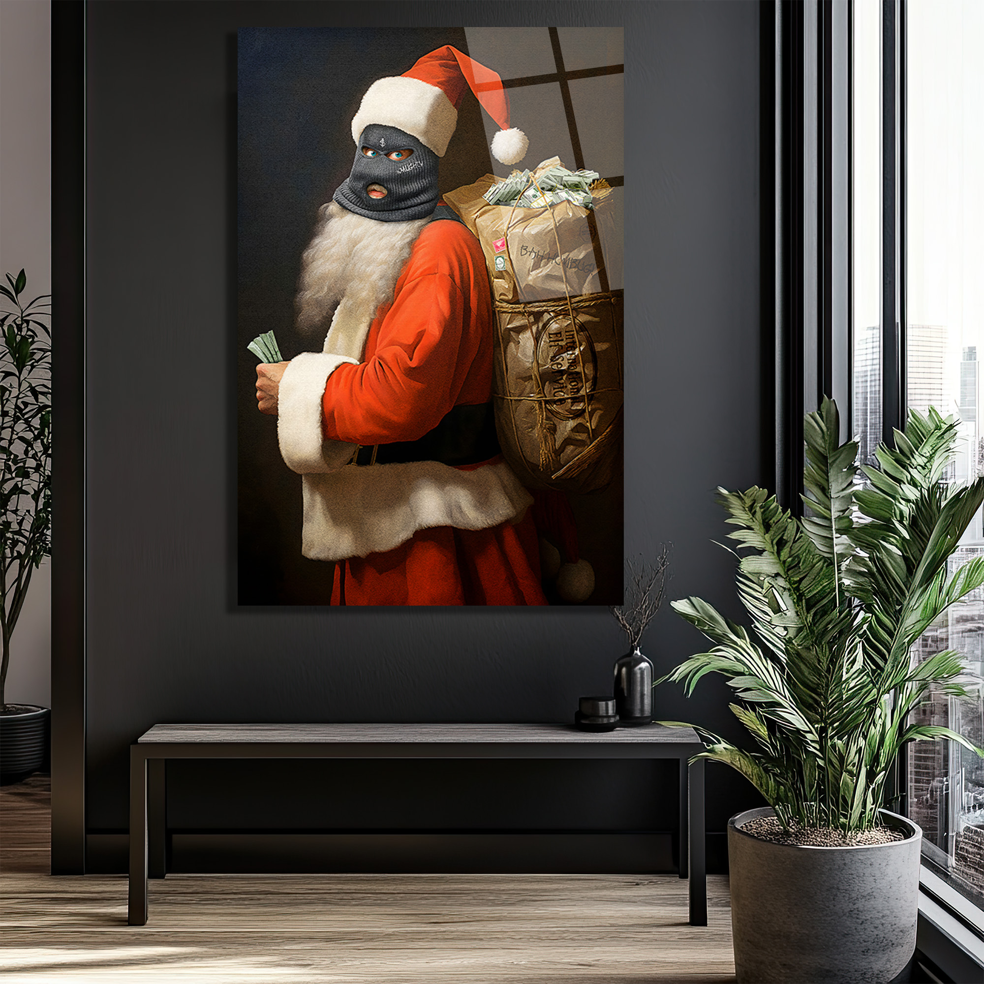 Asi Noel Baba Cam Tablo: Modern Sanatın Cesur Yorumu Duvar Dekoru Asi Noel Baba Cam Tablo: Modern Sanatın Cesur Yorumu
