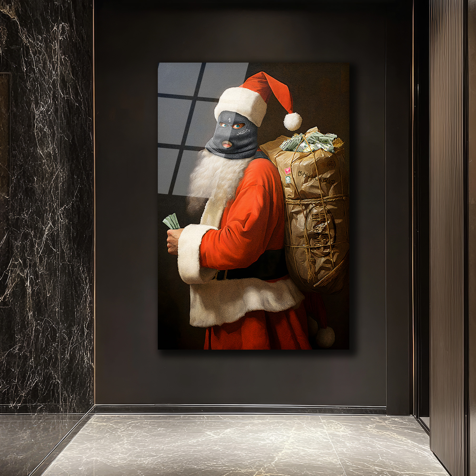 Asi Noel Baba Cam Tablo: Modern Sanatın Cesur Yorumu Duvar Dekoru Asi Noel Baba Cam Tablo: Modern Sanatın Cesur Yorumu