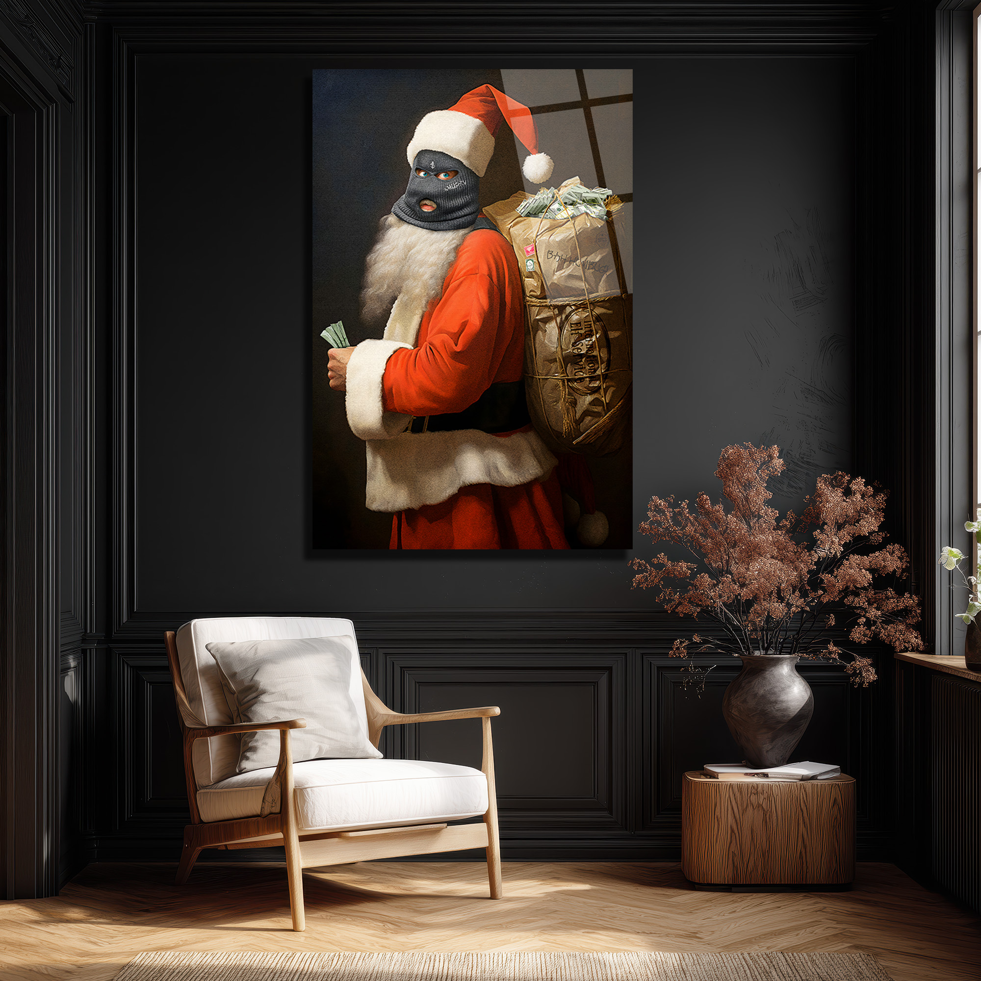 Asi Noel Baba Cam Tablo: Modern Sanatın Cesur Yorumu Duvar Dekoru Asi Noel Baba Cam Tablo: Modern Sanatın Cesur Yorumu