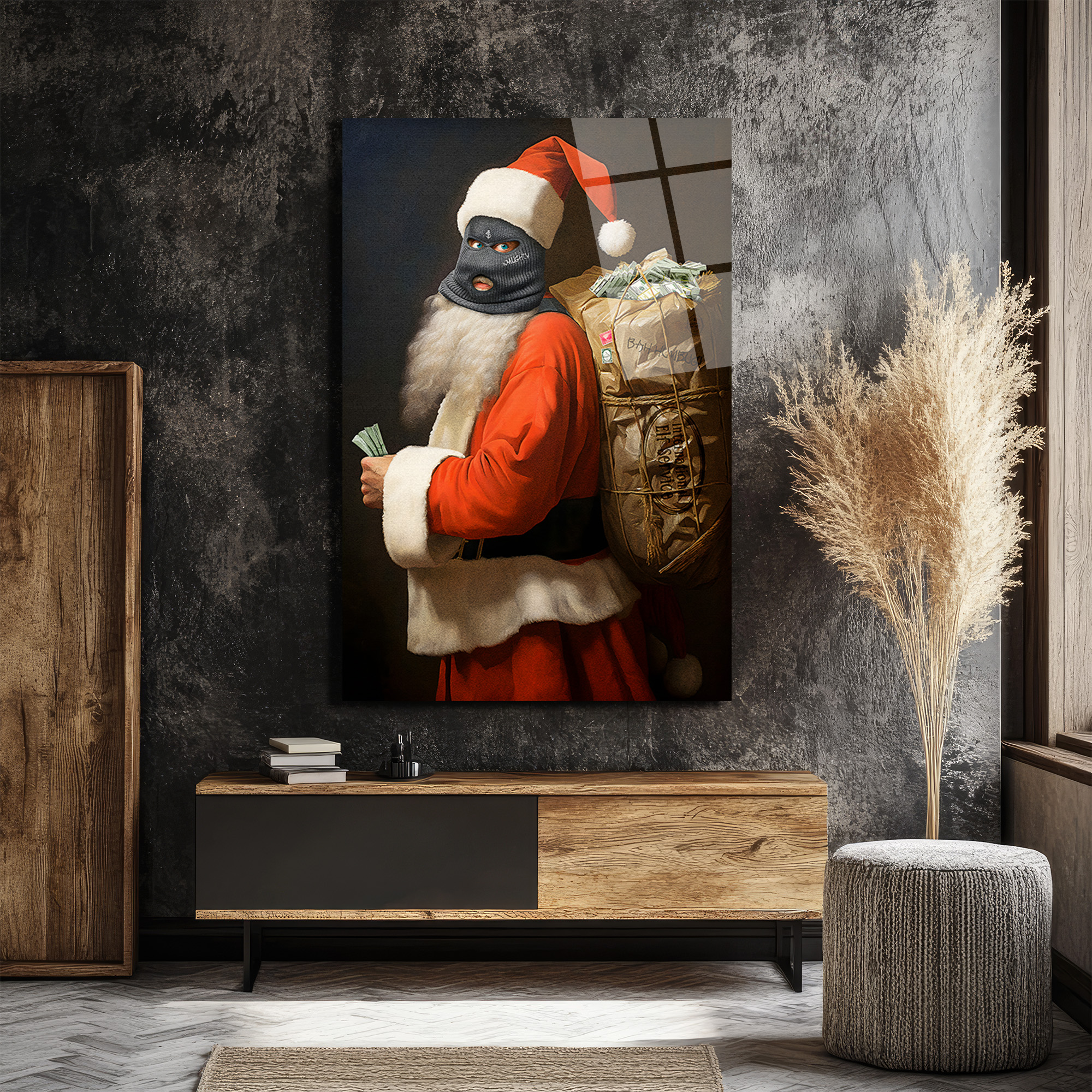 Asi Noel Baba Cam Tablo: Modern Sanatın Cesur Yorumu Duvar Dekoru Asi Noel Baba Cam Tablo: Modern Sanatın Cesur Yorumu