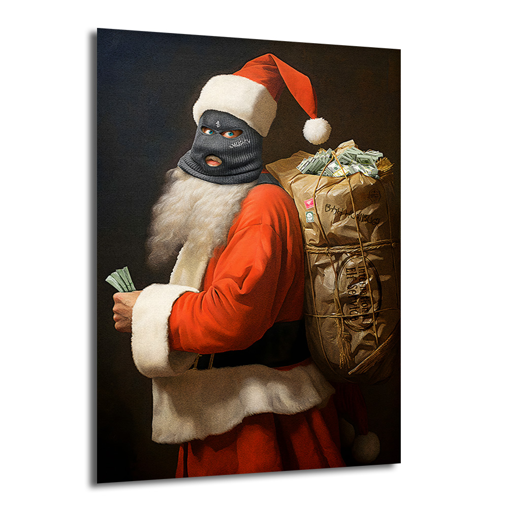 Asi Noel Baba Cam Tablo: Modern Sanatın Cesur Yorumu Duvar Dekoru Siyah balaklava takmış, elinde para tutan ve sırtında para dolu çuval taşıyan, kırmızı Noel Baba kostümlü, modern ve asi bir Noel Baba figürünü gösteren sanatsal cam tablo.