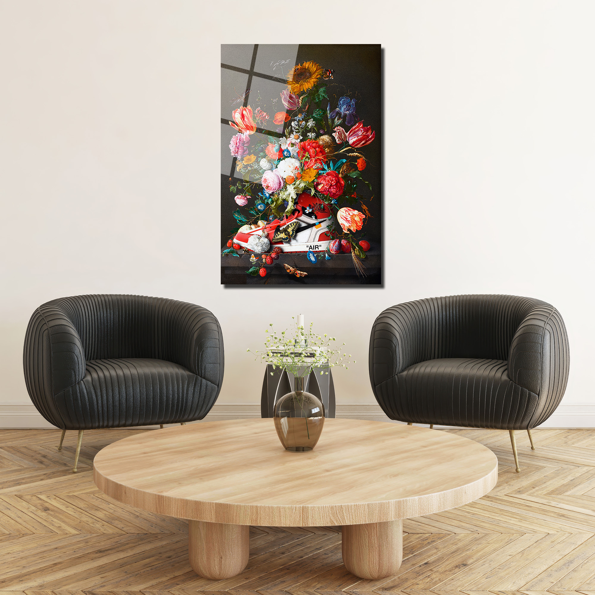 Çiçek Buketi Temalı Modern Sanat Cam Tablo Duvar Dekoru Çiçek Buketi Temalı Modern Sanat Cam Tablo