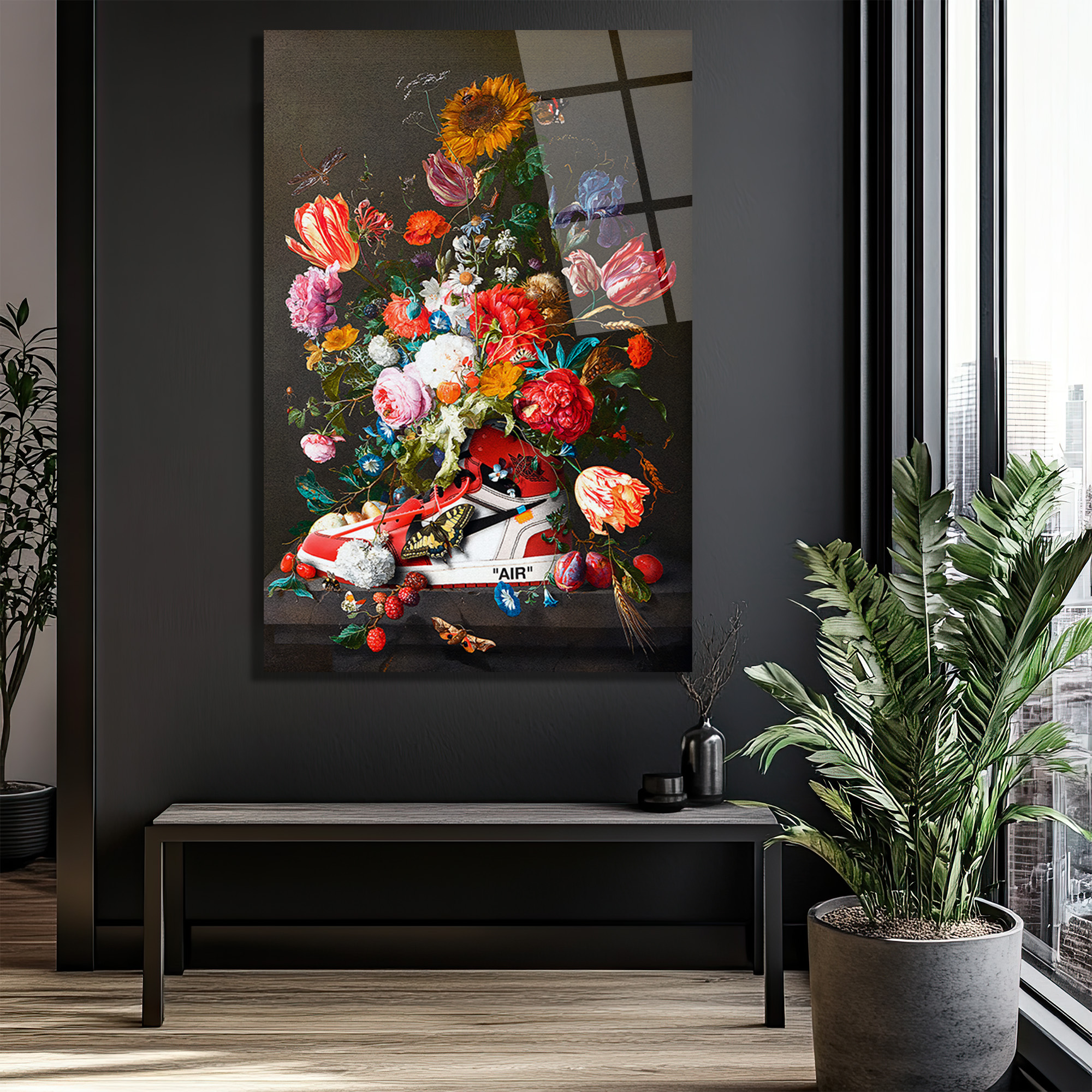 Çiçek Buketi Temalı Modern Sanat Cam Tablo Duvar Dekoru Çiçek Buketi Temalı Modern Sanat Cam Tablo
