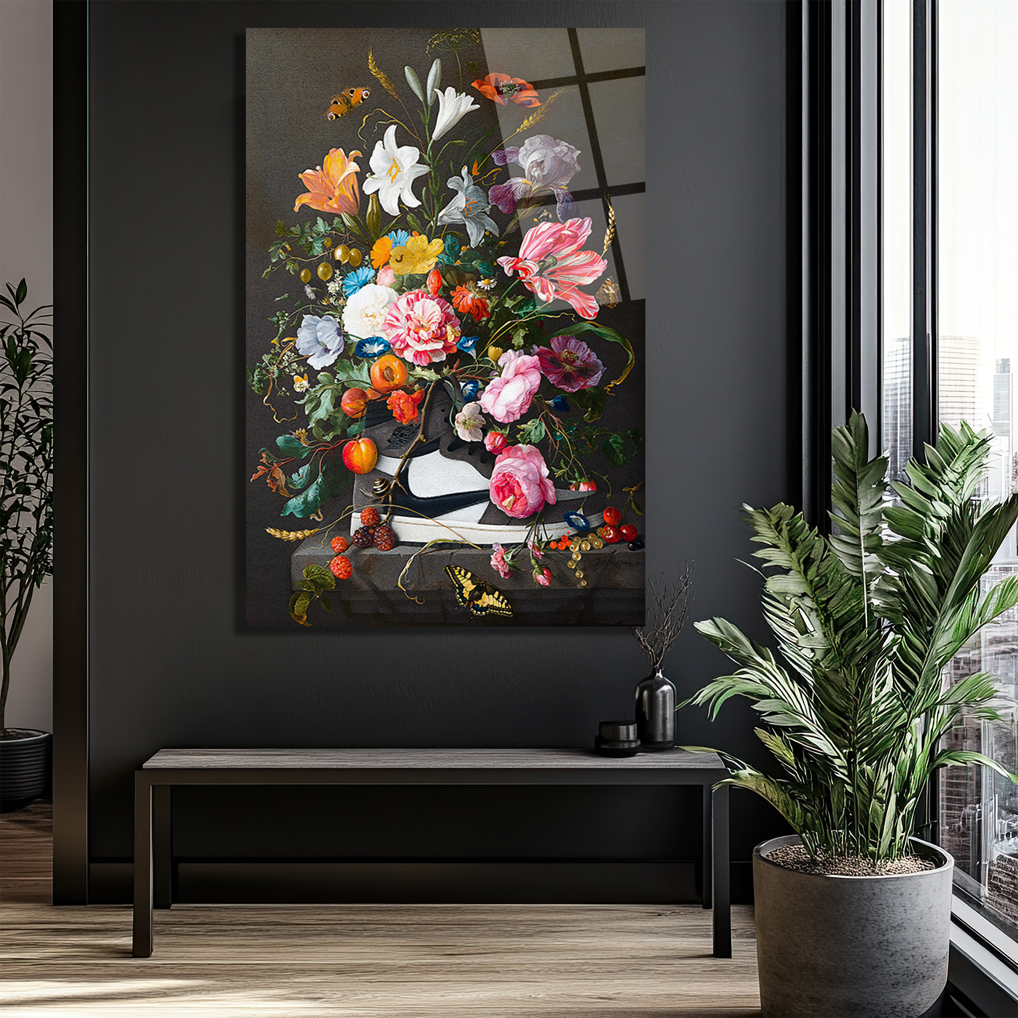 Klasik Çiçekler Detaylı Modern Cam Tablo Duvar Dekoru Klasik Çiçekler Detaylı Modern Cam Tablo