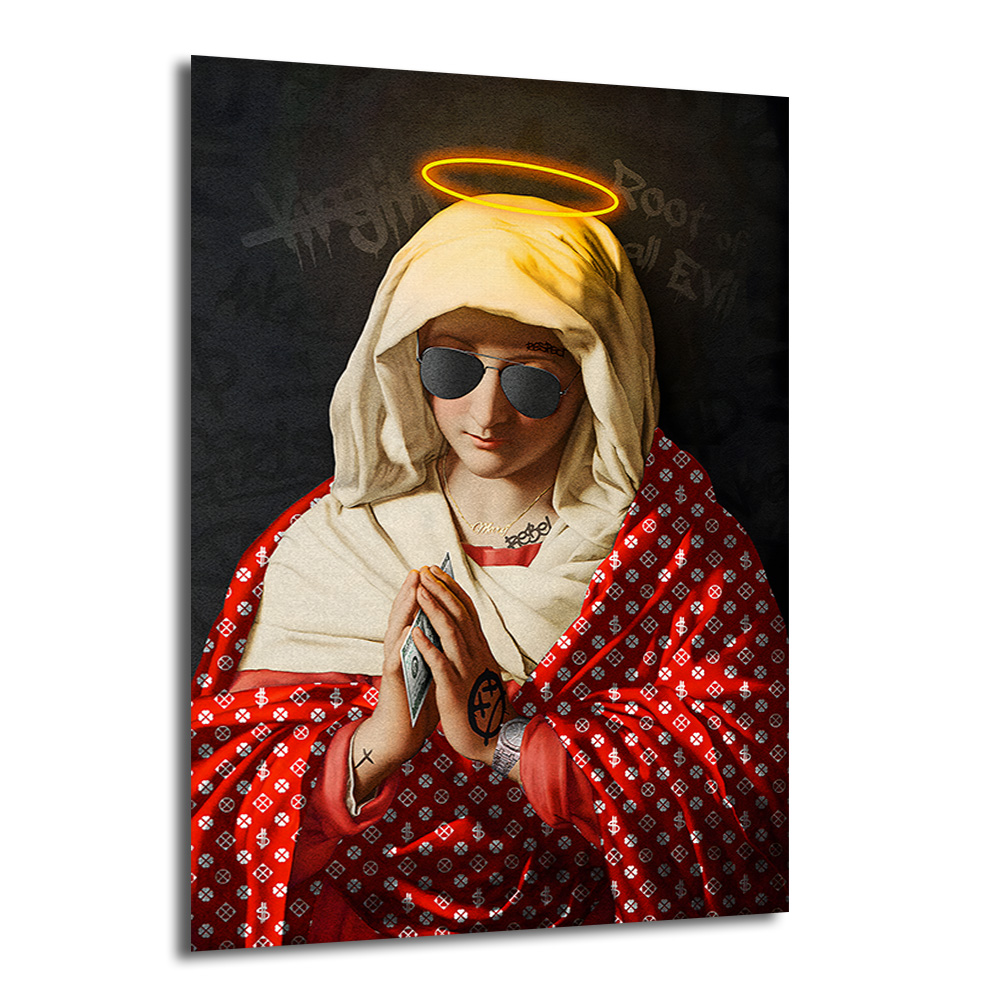 Asi Meryem Ana Pop Art Cam Tablo - Modern Sanat Duvar Dekoru Duvar Dekoru Gözlüklü, dövmeli ve elinde para tutan, kırmızı desenli cübbe giymiş, modern pop art tarzında tasvir edilmiş Meryem Ana figürlü cam tablo.