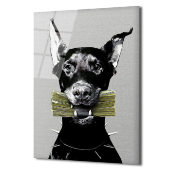 Para Getiren Güçlü Doberman Cam Tablo - Lüks ve Modern Duvar Sanatı