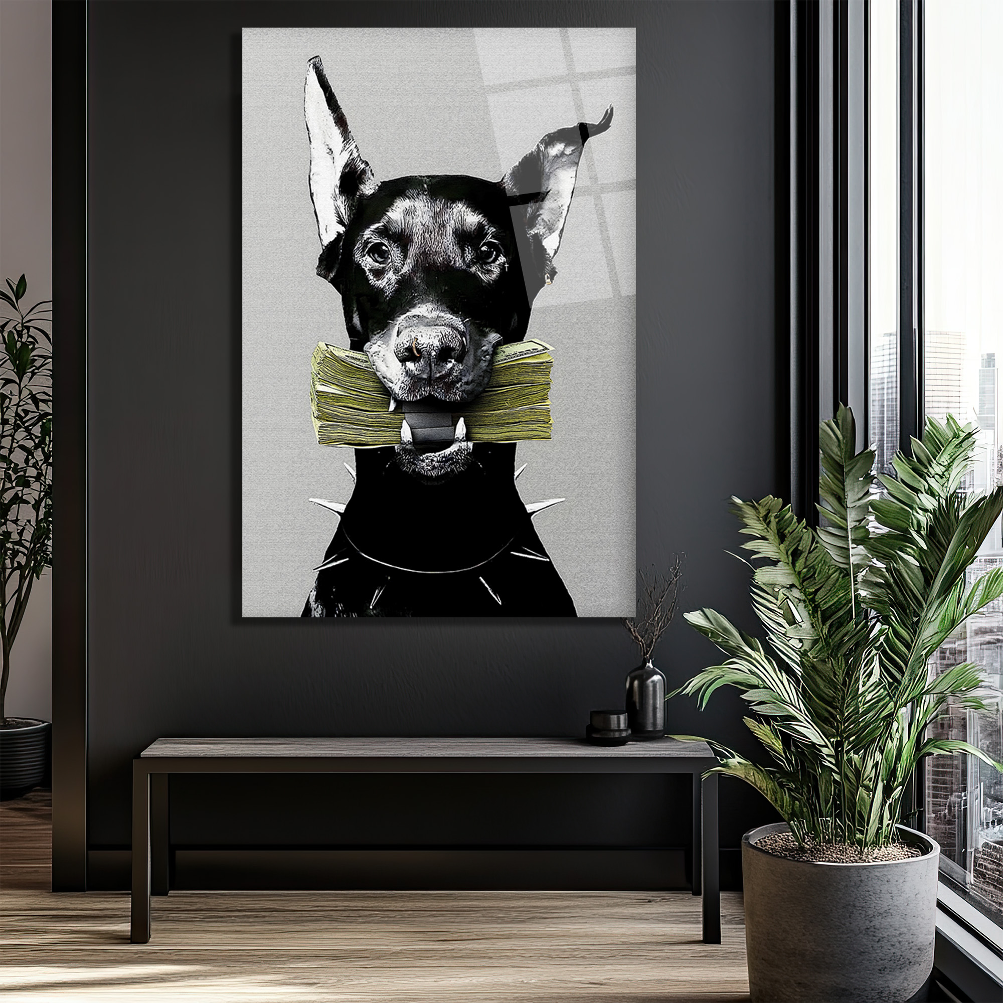 Para Getiren Güçlü Doberman Cam Tablo - Lüks ve Modern Duvar Sanatı Duvar Dekoru Para Getiren Güçlü Doberman Cam Tablo - Lüks ve Modern Duvar Sanatı