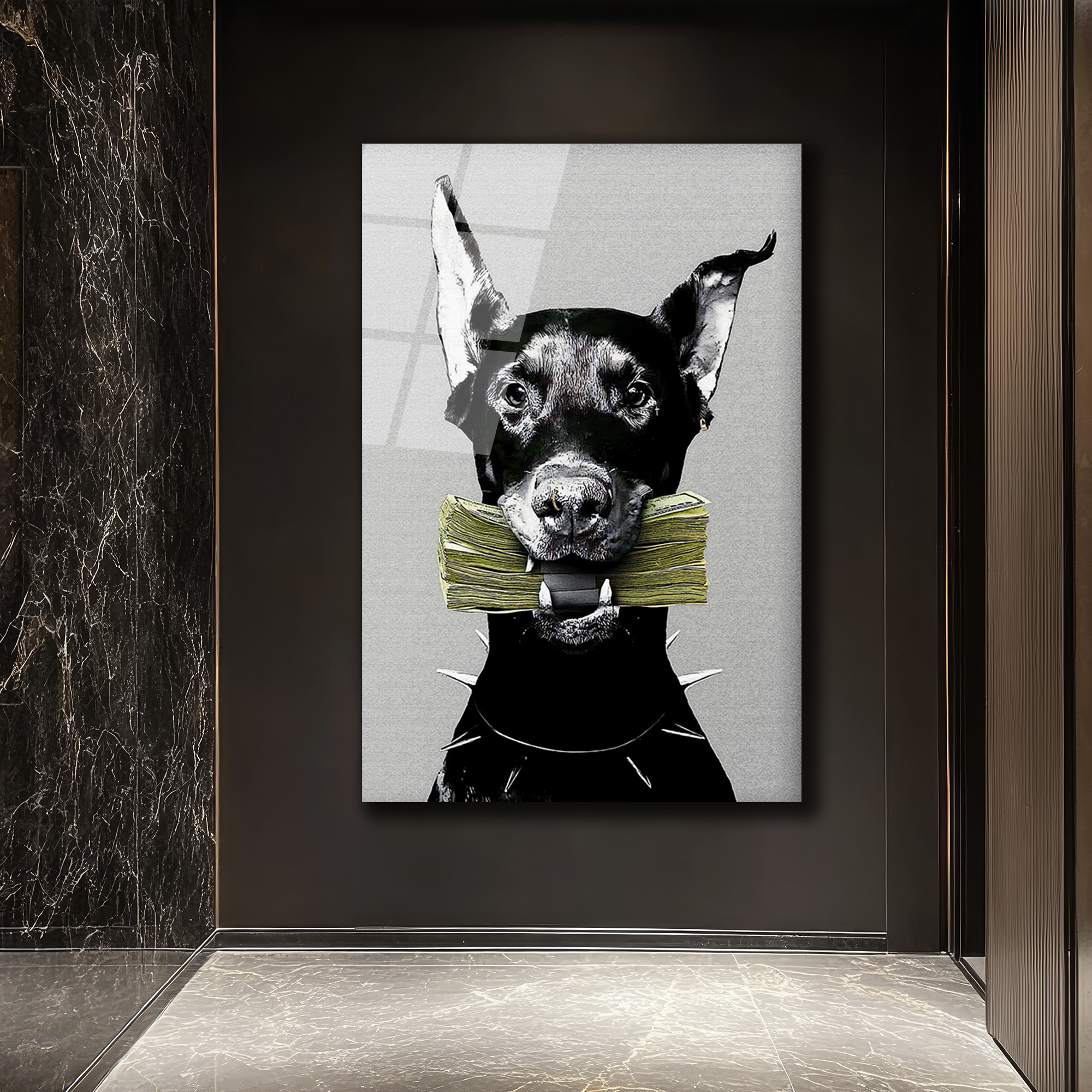 Para Getiren Güçlü Doberman Cam Tablo - Lüks ve Modern Duvar Sanatı Duvar Dekoru Para Getiren Güçlü Doberman Cam Tablo - Lüks ve Modern Duvar Sanatı