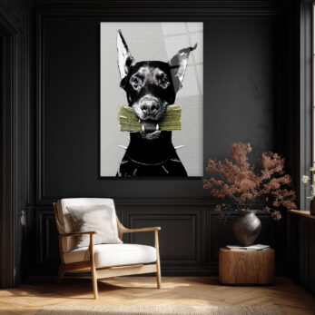 Para Getiren Güçlü Doberman Cam Tablo - Lüks ve Modern Duvar Sanatı - Glazella Para Getiren Güçlü Doberman Cam Tablo - Lüks ve Modern Duvar Sanatı - Glazella