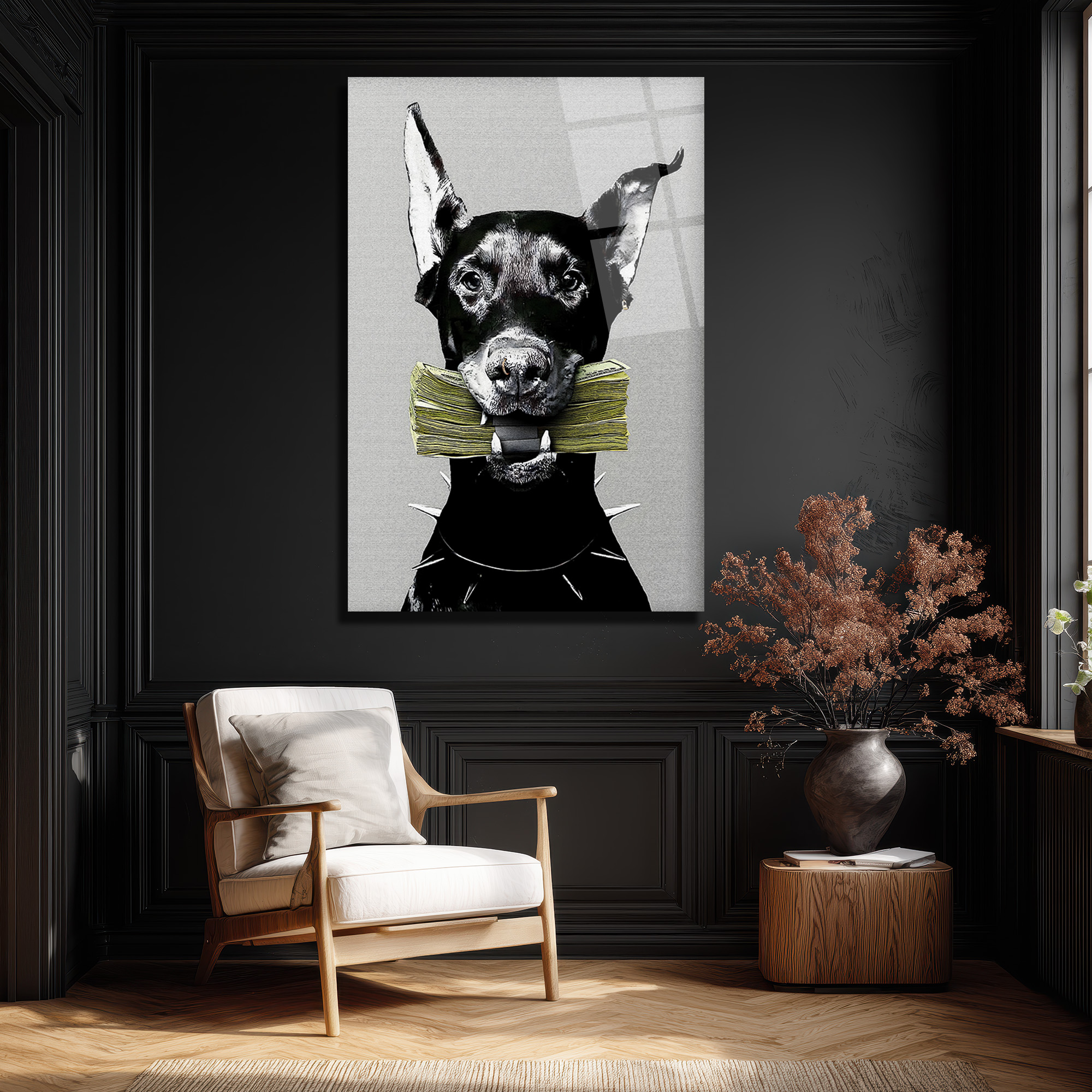 Para Getiren Güçlü Doberman Cam Tablo - Lüks ve Modern Duvar Sanatı Duvar Dekoru Para Getiren Güçlü Doberman Cam Tablo - Lüks ve Modern Duvar Sanatı
