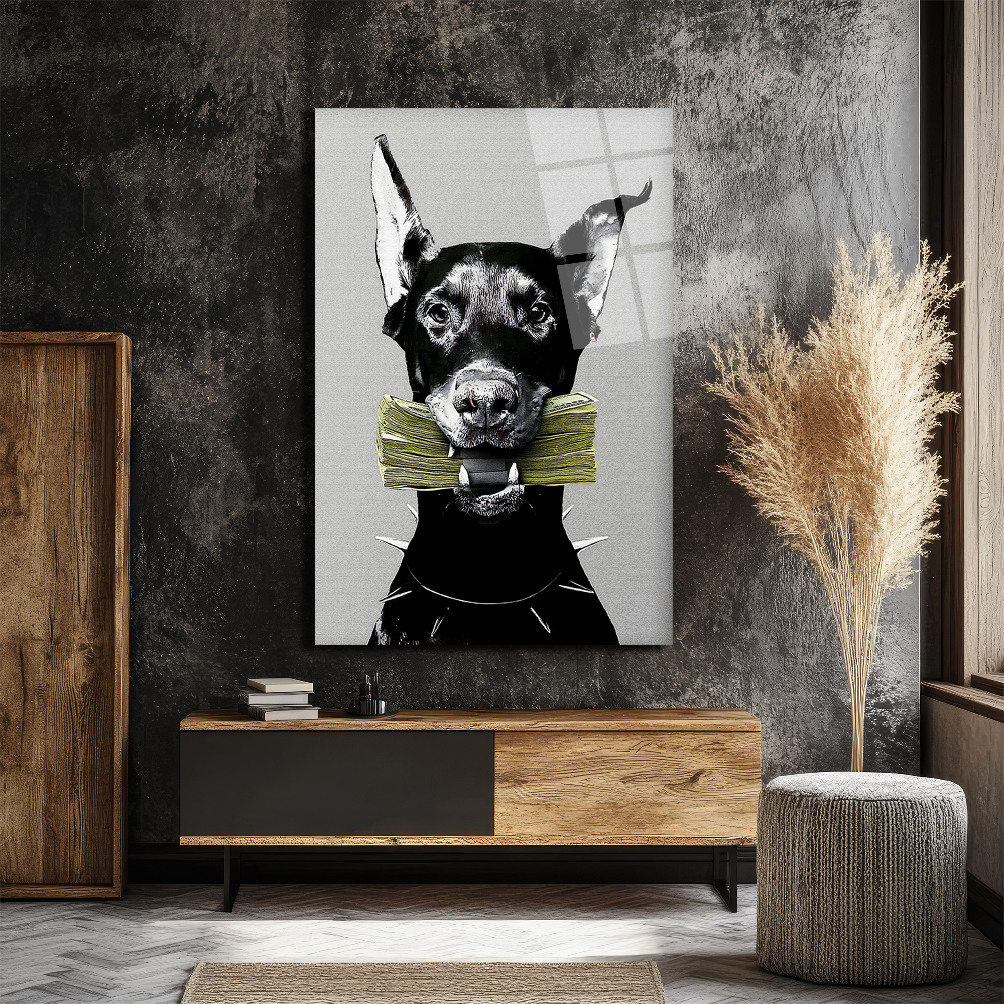 Para Getiren Güçlü Doberman Cam Tablo - Lüks ve Modern Duvar Sanatı Duvar Dekoru Para Getiren Güçlü Doberman Cam Tablo - Lüks ve Modern Duvar Sanatı