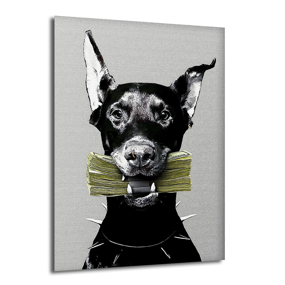 Para Getiren Güçlü Doberman Cam Tablo - Lüks ve Modern Duvar Sanatı Duvar Dekoru Gri arka planda, sivri tasmalı siyah bir Doberman köpeği ağzında deste deste yeşil banknot tutarken resmedilmiş modern cam tablo.