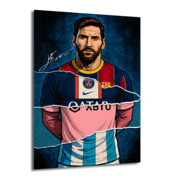 Mavi ve koyu arka plan üzerinde, Lionel Messi'nin PSG ve Barcelona formalarının parçalarından oluşan, sanatsal ve dinamik bir illüstrasyon cam tablo.