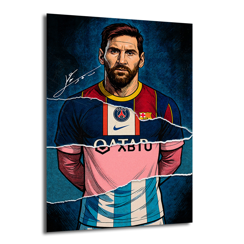Lionel Messi Efsanesi: Parçalı Formalar Sanat Cam Tablo Duvar Dekoru Mavi ve koyu arka plan üzerinde, Lionel Messi'nin PSG ve Barcelona formalarının parçalarından oluşan, sanatsal ve dinamik bir illüstrasyon cam tablo.