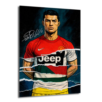 Cristiano Ronaldo'nun kırmızı Manchester United ve parçalı Juventus formalarıyla gösterildiği, arka planında koyu, çizik dokulu bir efekti olan, illüstrasyon tarzında bir cam tablo.