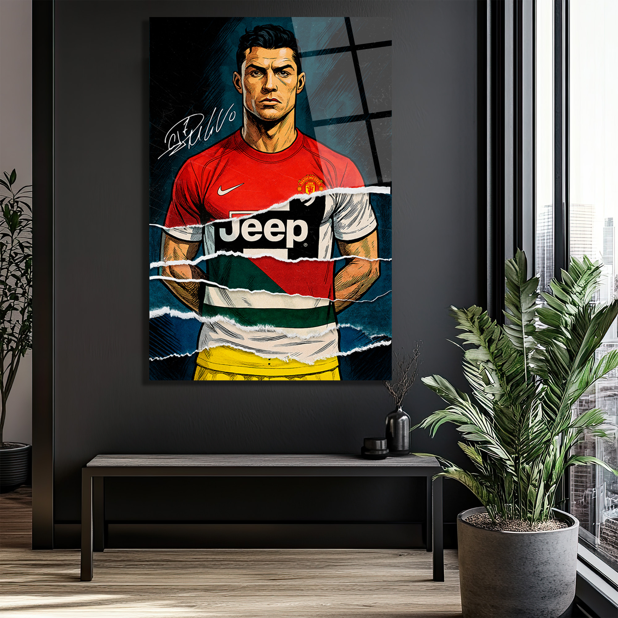 Cristiano Ronaldo Efsanesi Parçalı Forma Cam Tablo Duvar Dekoru Cristiano Ronaldo Efsanesi Parçalı Forma Cam Tablo