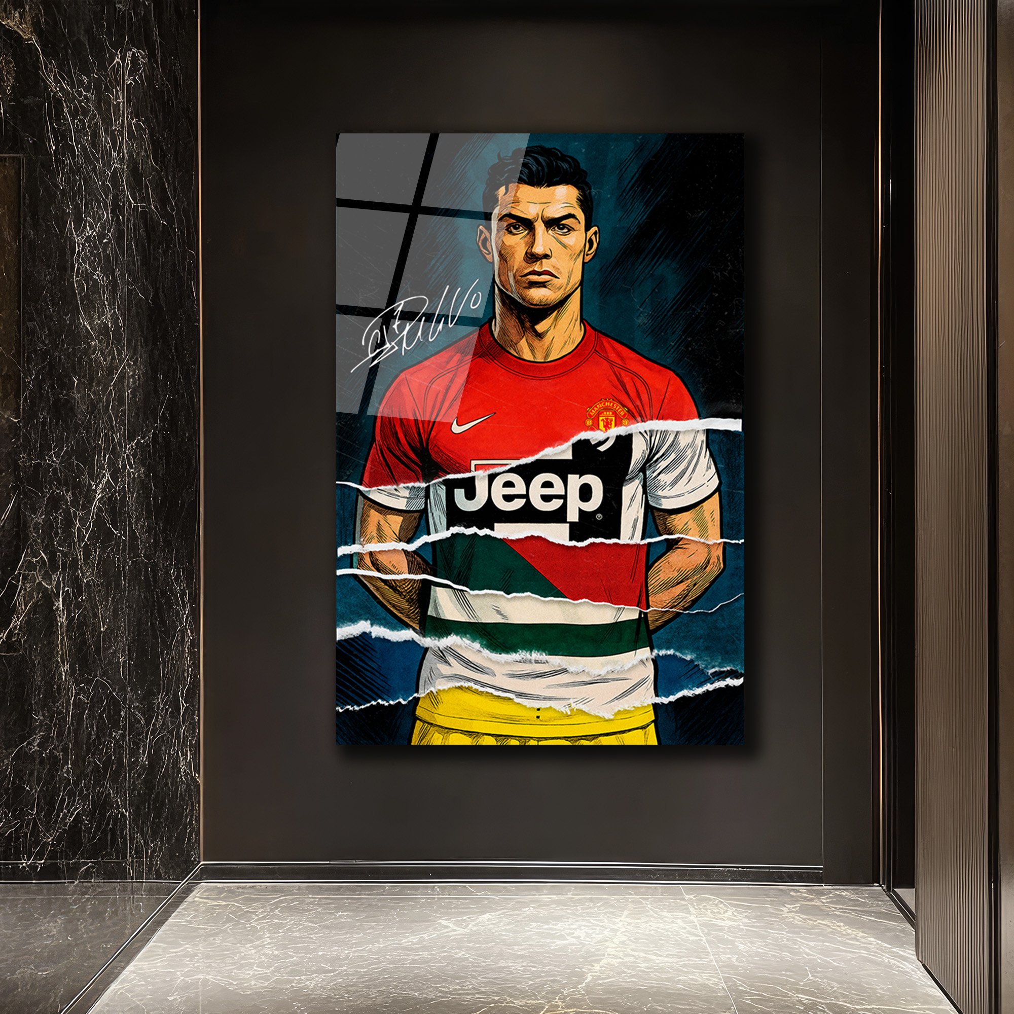 Cristiano Ronaldo Efsanesi Parçalı Forma Cam Tablo Duvar Dekoru Cristiano Ronaldo Efsanesi Parçalı Forma Cam Tablo