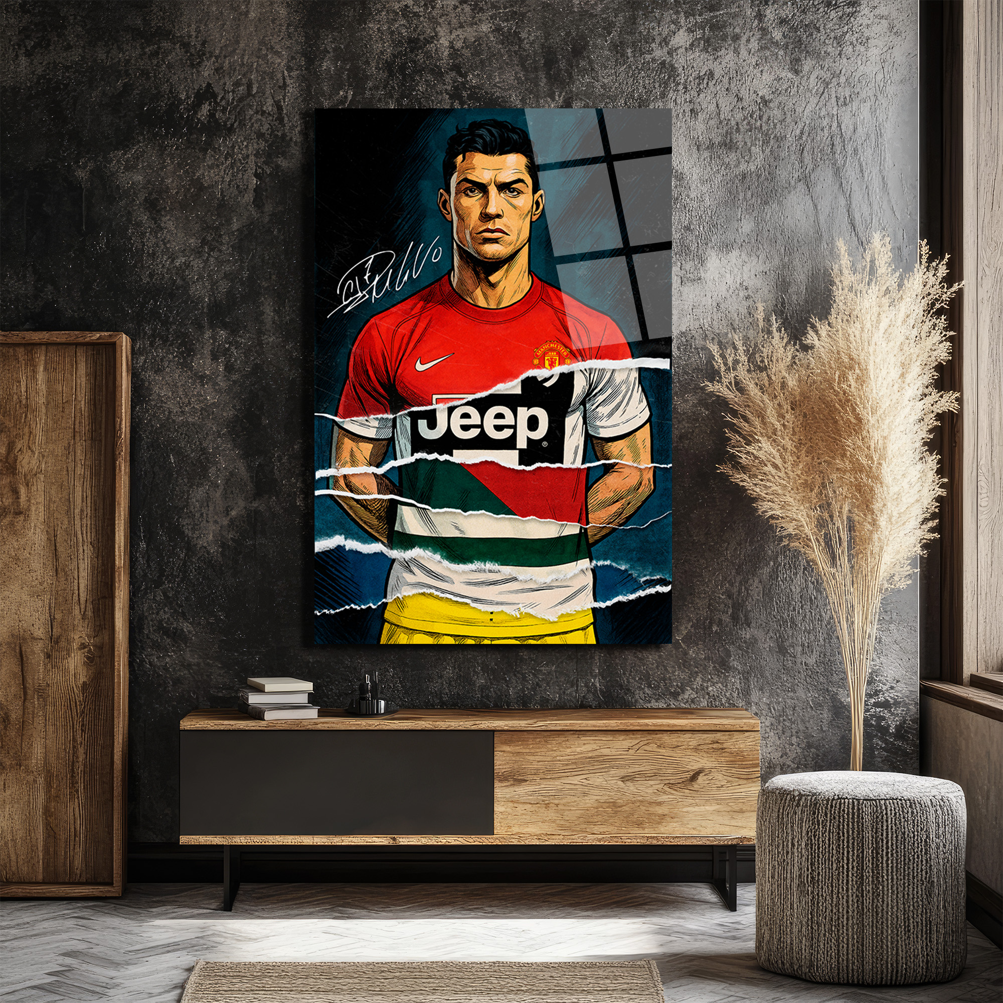 Cristiano Ronaldo Efsanesi Parçalı Forma Cam Tablo Duvar Dekoru Cristiano Ronaldo Efsanesi Parçalı Forma Cam Tablo