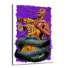 Sarı Lakers 24 numaralı formasını çekiştiren ve bağıran Kobe Bryant'ın etrafına sarılmış siyah mamba yılanını gösteren mor arka planlı dinamik bir illüstrasyon. Sanatsal ve güçlü bir portre.