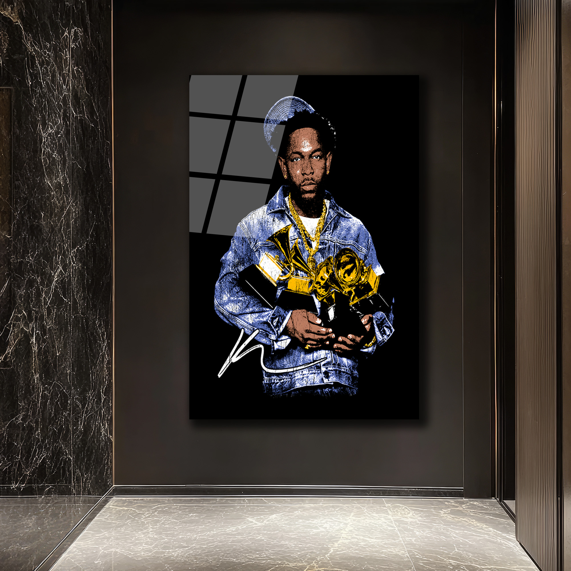 Kendrick Lamar Grammy Zaferi İkonik Cam Tablo Duvar Dekoru Kendrick Lamar Grammy Zaferi İkonik Cam Tablo