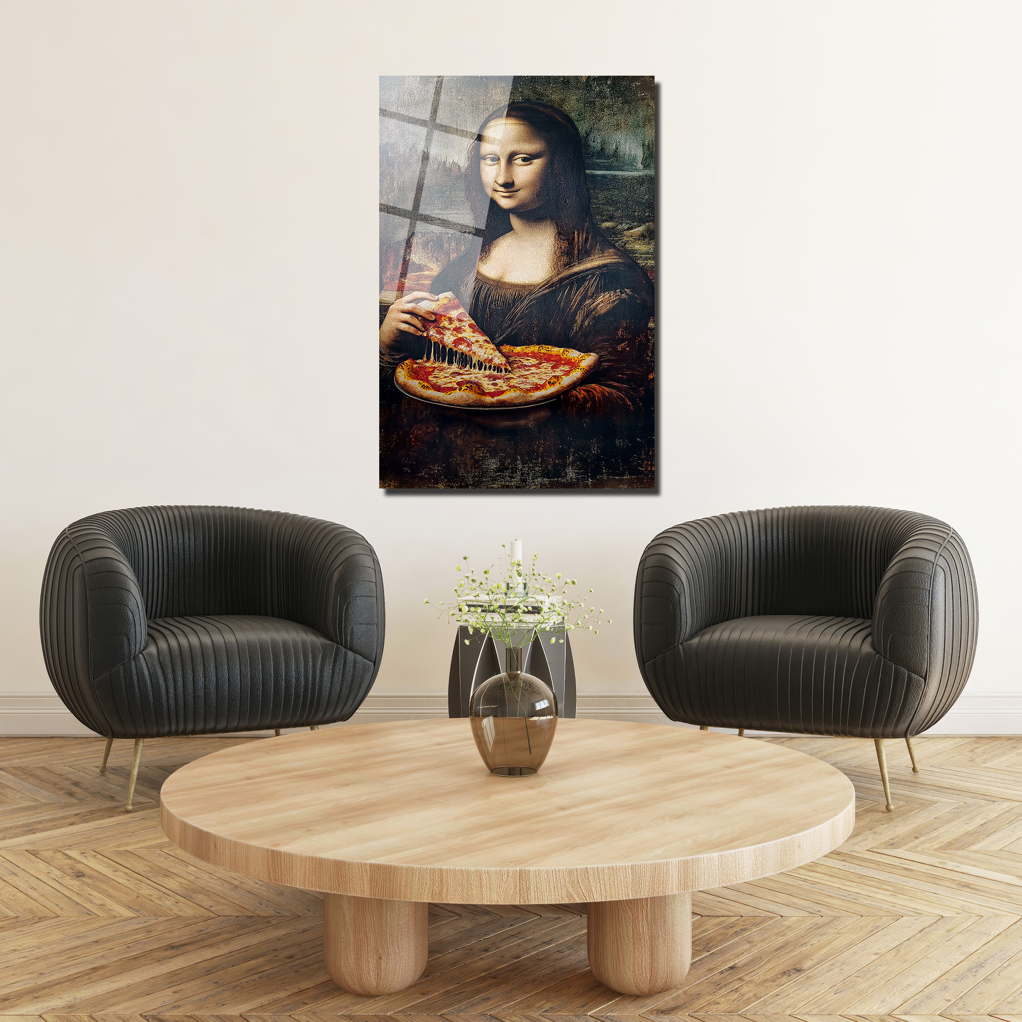 Mona Lisa Pizza Keyfi Cam Tablo - Modern Sanat Dokunuşu Duvar Dekoru Mona Lisa Pizza Keyfi Cam Tablo - Modern Sanat Dokunuşu