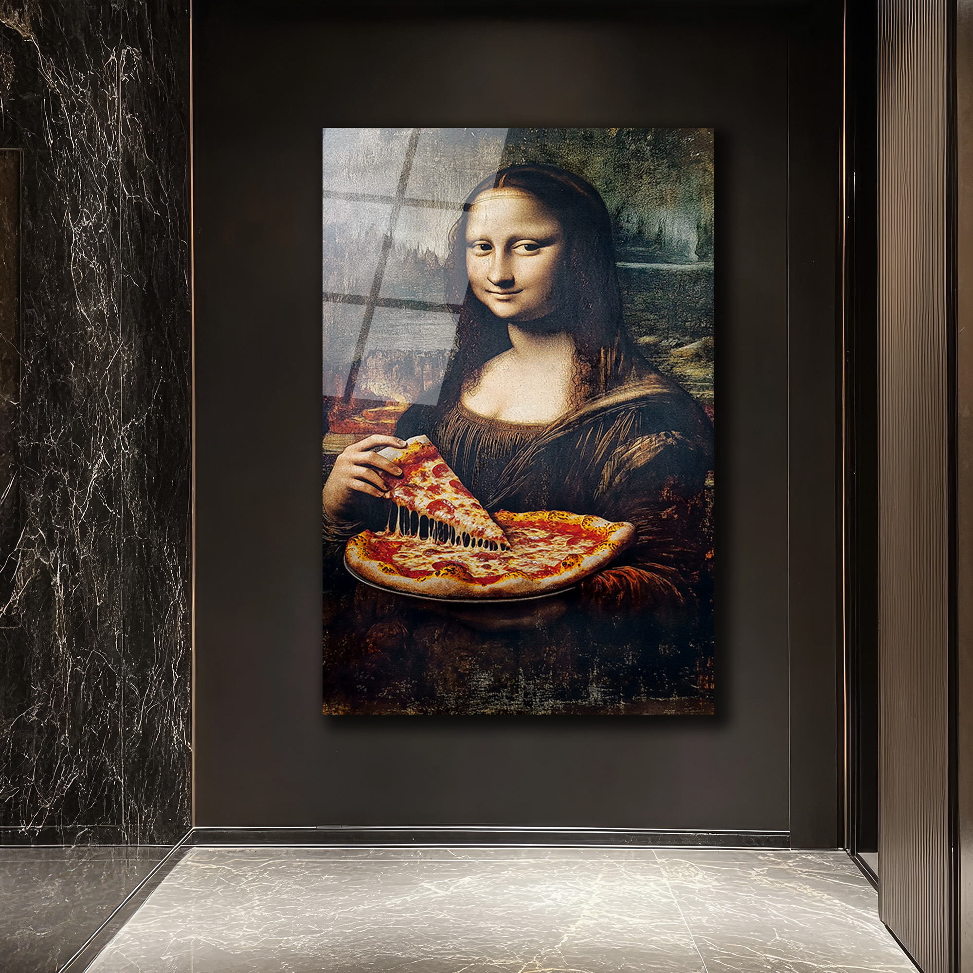 Mona Lisa Pizza Keyfi Cam Tablo - Modern Sanat Dokunuşu Duvar Dekoru Mona Lisa Pizza Keyfi Cam Tablo - Modern Sanat Dokunuşu