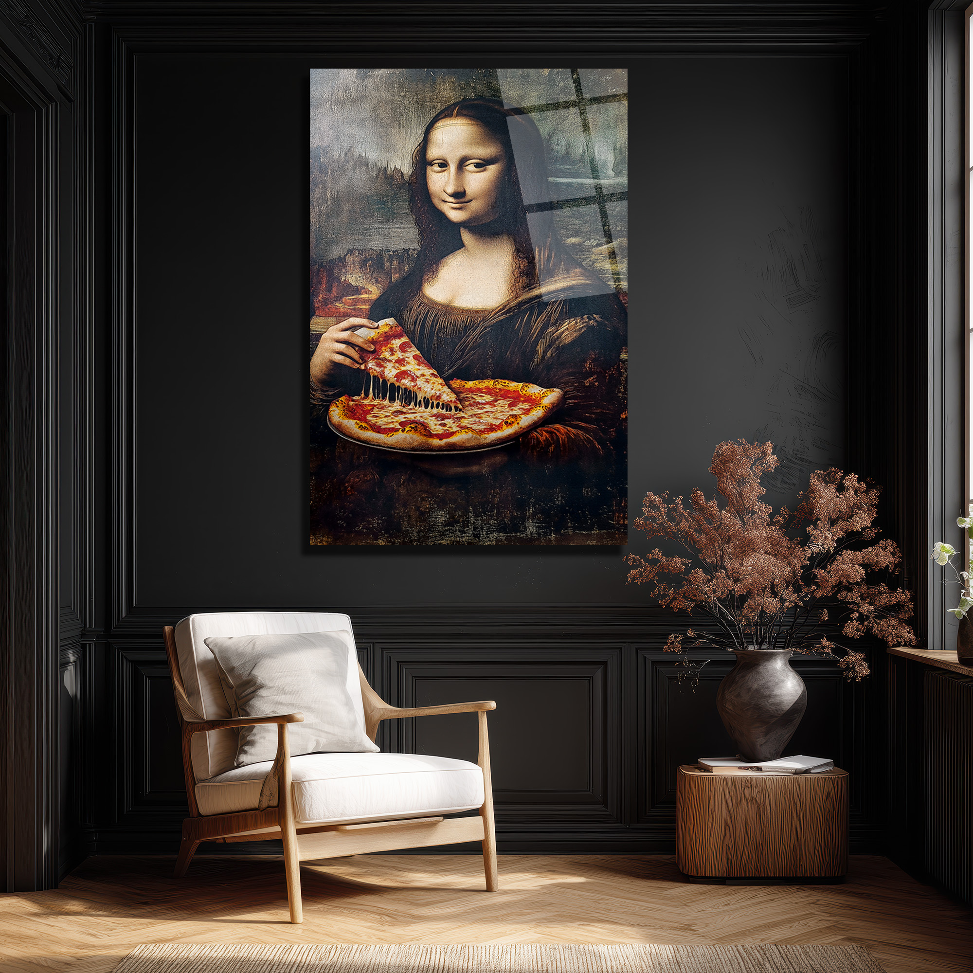 Mona Lisa Pizza Keyfi Cam Tablo - Modern Sanat Dokunuşu Duvar Dekoru Mona Lisa Pizza Keyfi Cam Tablo - Modern Sanat Dokunuşu