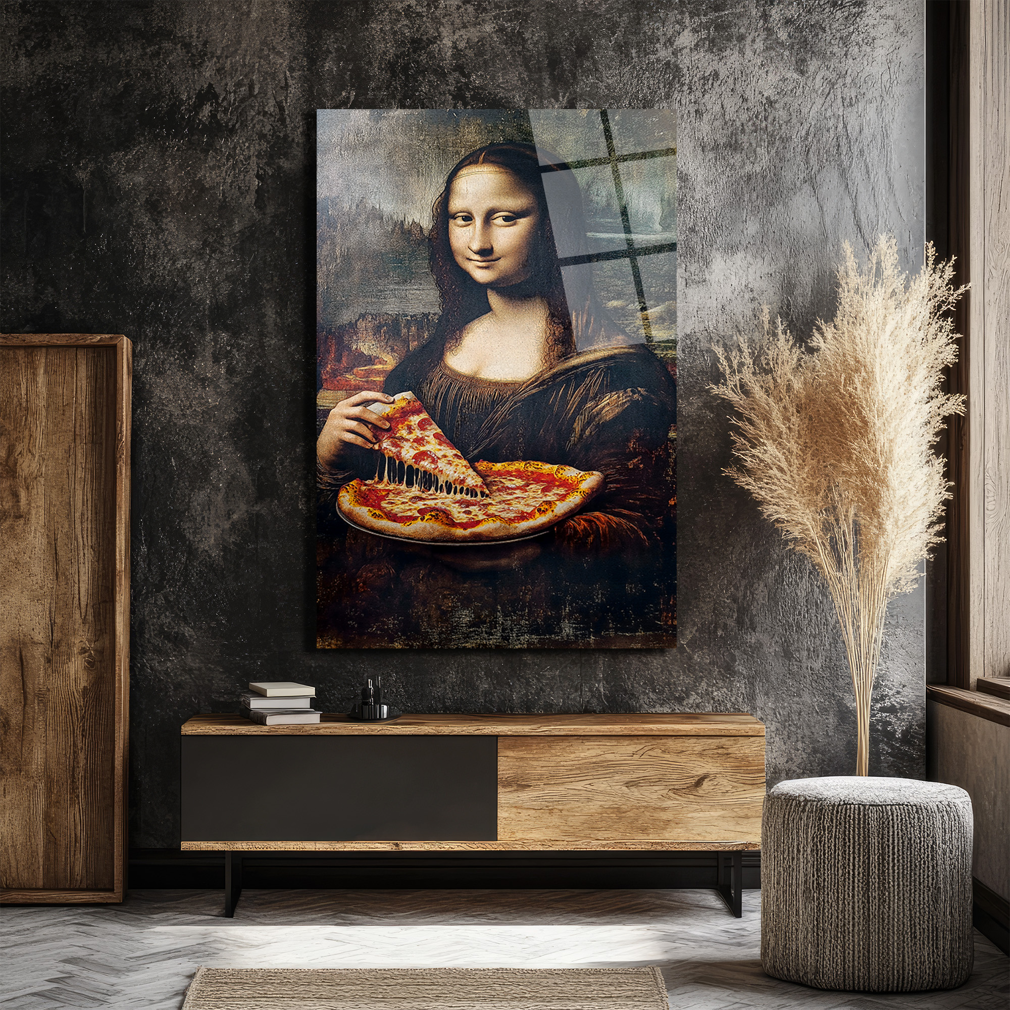 Mona Lisa Pizza Keyfi Cam Tablo - Modern Sanat Dokunuşu Duvar Dekoru Mona Lisa Pizza Keyfi Cam Tablo - Modern Sanat Dokunuşu