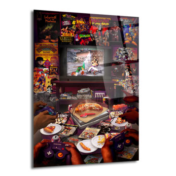 Dört arkadaşın pizza yiyip eski bir tüplü televizyonda Super Smash Bros. oynadığı, etrafı çizgi roman ve film posterleriyle dolu nostaljik bir oyun odası.