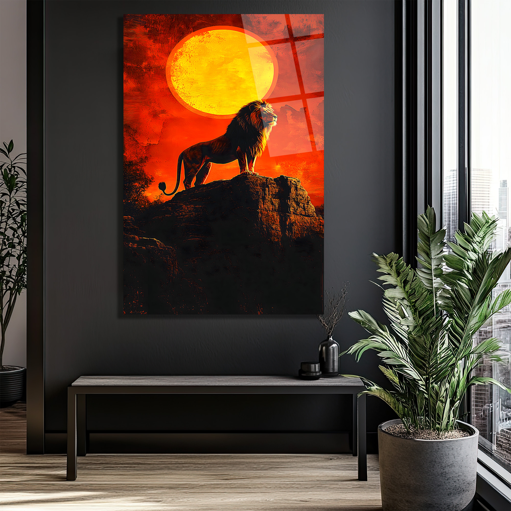 Ufuktaki Aslan: Güneşin Doğuşu Cam Tablo Duvar Dekoru Ufuktaki Aslan: Güneşin Doğuşu Cam Tablo