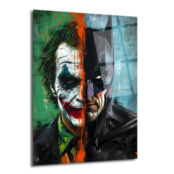 Yüzü ortadan ikiye ayrılmış, sol yarısı yeşil saçlı, beyaz makyajlı, kırmızı dudaklı Joker'i, sağ yarısı ise mor ve siyah tonlarında Batman'i gösteren graffiti tarzı, canlı renkli bir cam tablo.
