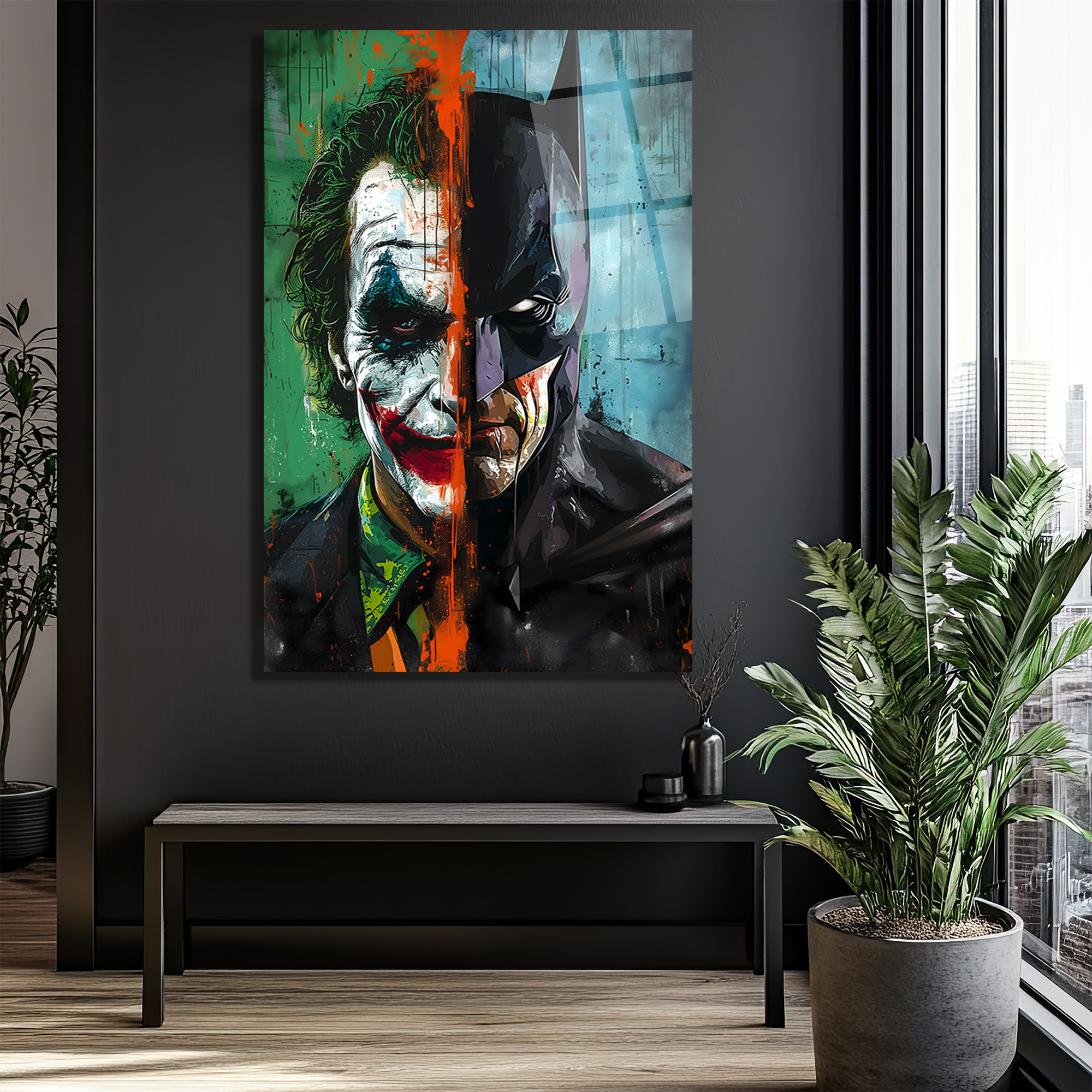 Batman Joker Dengeleyici Güçler Sanatsal Cam Tablo Duvar Dekoru Batman Joker Dengeleyici Güçler Sanatsal Cam Tablo