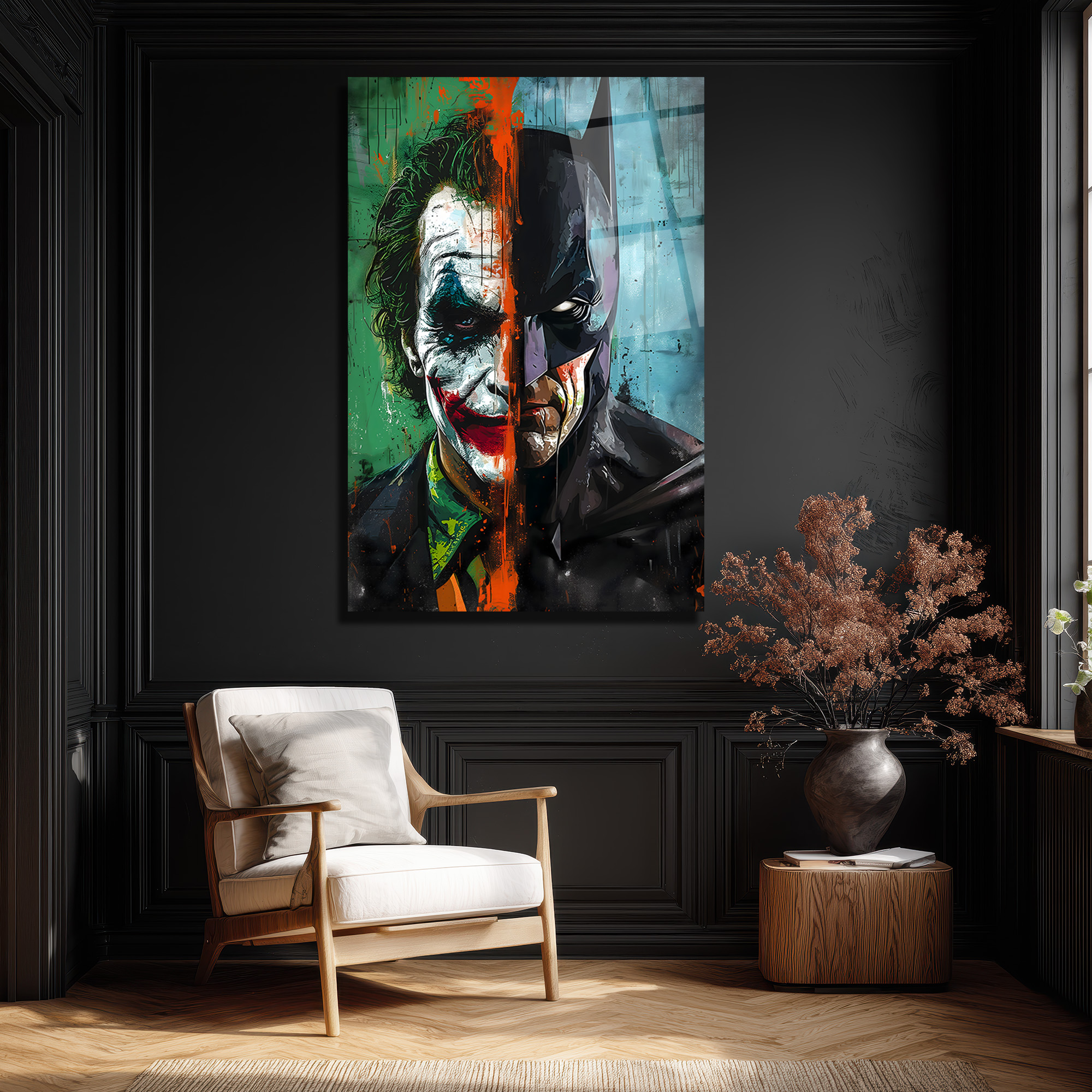 Batman Joker Dengeleyici Güçler Sanatsal Cam Tablo Duvar Dekoru Batman Joker Dengeleyici Güçler Sanatsal Cam Tablo