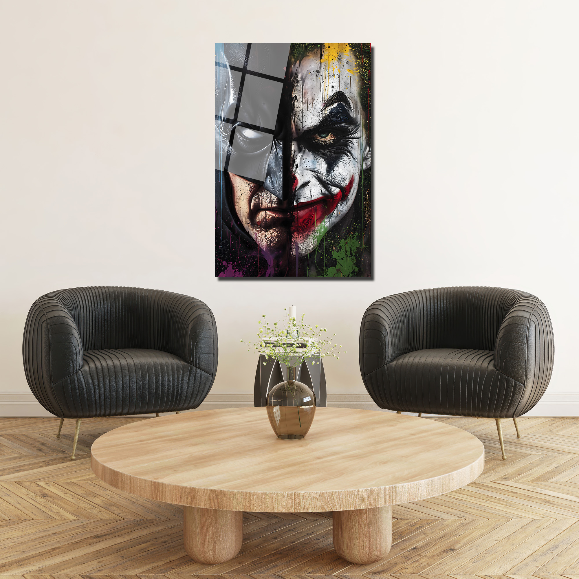 Batman ve Joker Düellosu Sanatsal Cam Tablo Duvar Dekoru Batman ve Joker Düellosu Sanatsal Cam Tablo