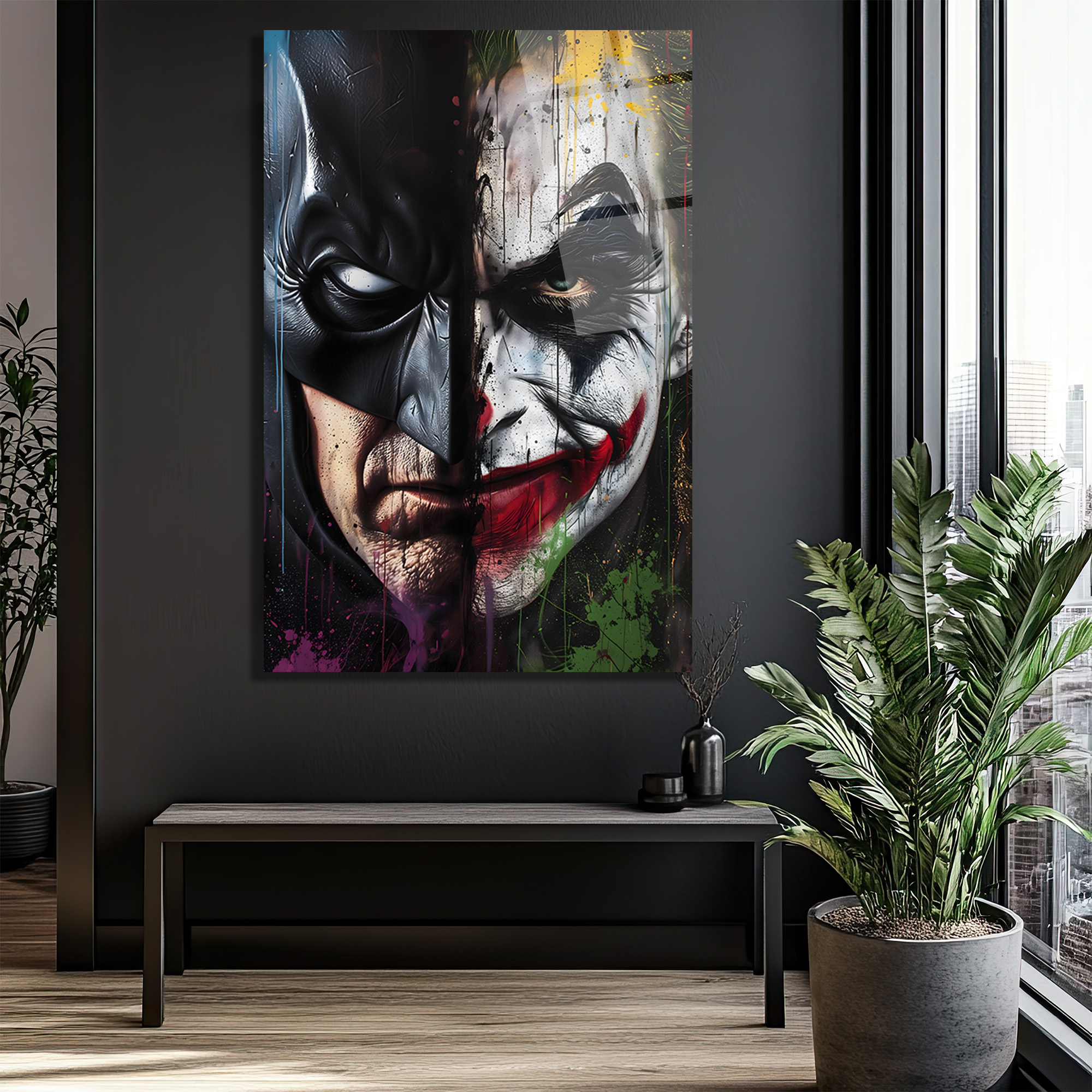 Batman ve Joker Düellosu Sanatsal Cam Tablo Duvar Dekoru Batman ve Joker Düellosu Sanatsal Cam Tablo