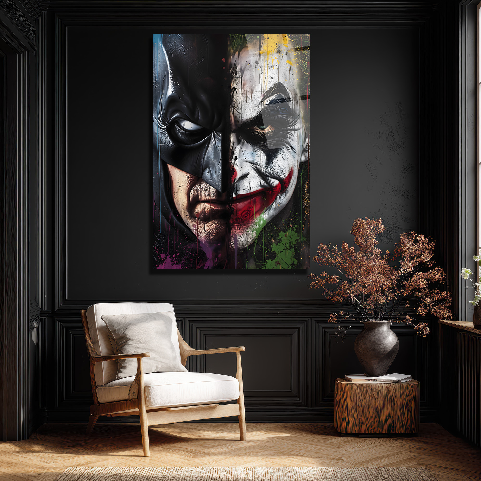 Batman ve Joker Düellosu Sanatsal Cam Tablo Duvar Dekoru Batman ve Joker Düellosu Sanatsal Cam Tablo