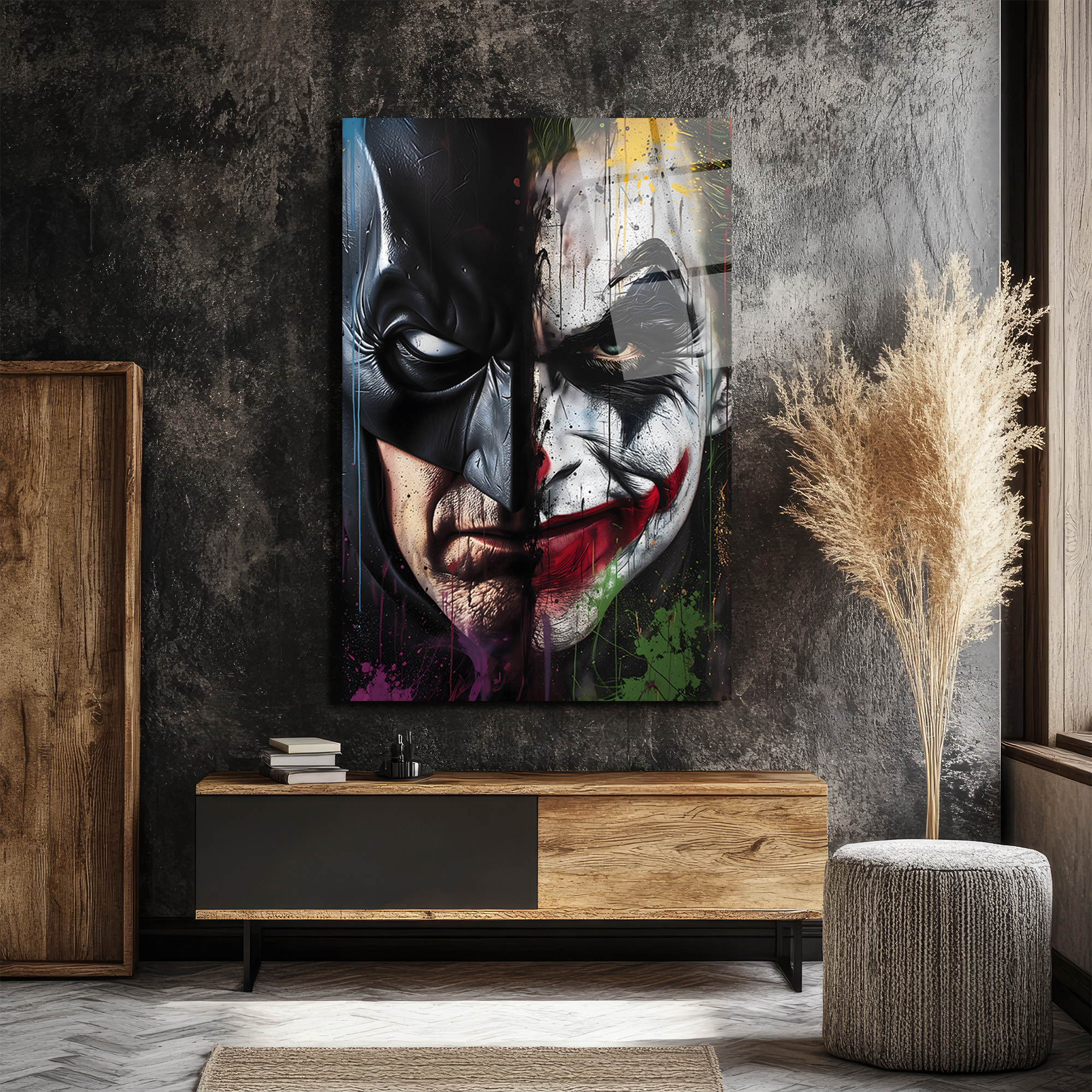 Batman ve Joker Düellosu Sanatsal Cam Tablo Duvar Dekoru Batman ve Joker Düellosu Sanatsal Cam Tablo