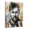 Siyah, beyaz, gri ve altın tonlarında soyut fırça darbeleriyle yapılmış, sakallı Lionel Messi'nin yoğun bakışlı, sanatsal portresi. Arka planda patlama efektine benzer altın ve gri lekeler bulunan modern bir cam tablo.