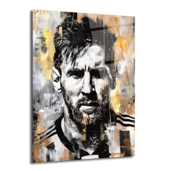 Siyah, beyaz, gri ve altın tonlarında soyut fırça darbeleriyle yapılmış, sakallı Lionel Messi'nin yoğun bakışlı, sanatsal portresi. Arka planda patlama efektine benzer altın ve gri lekeler bulunan modern bir cam tablo.