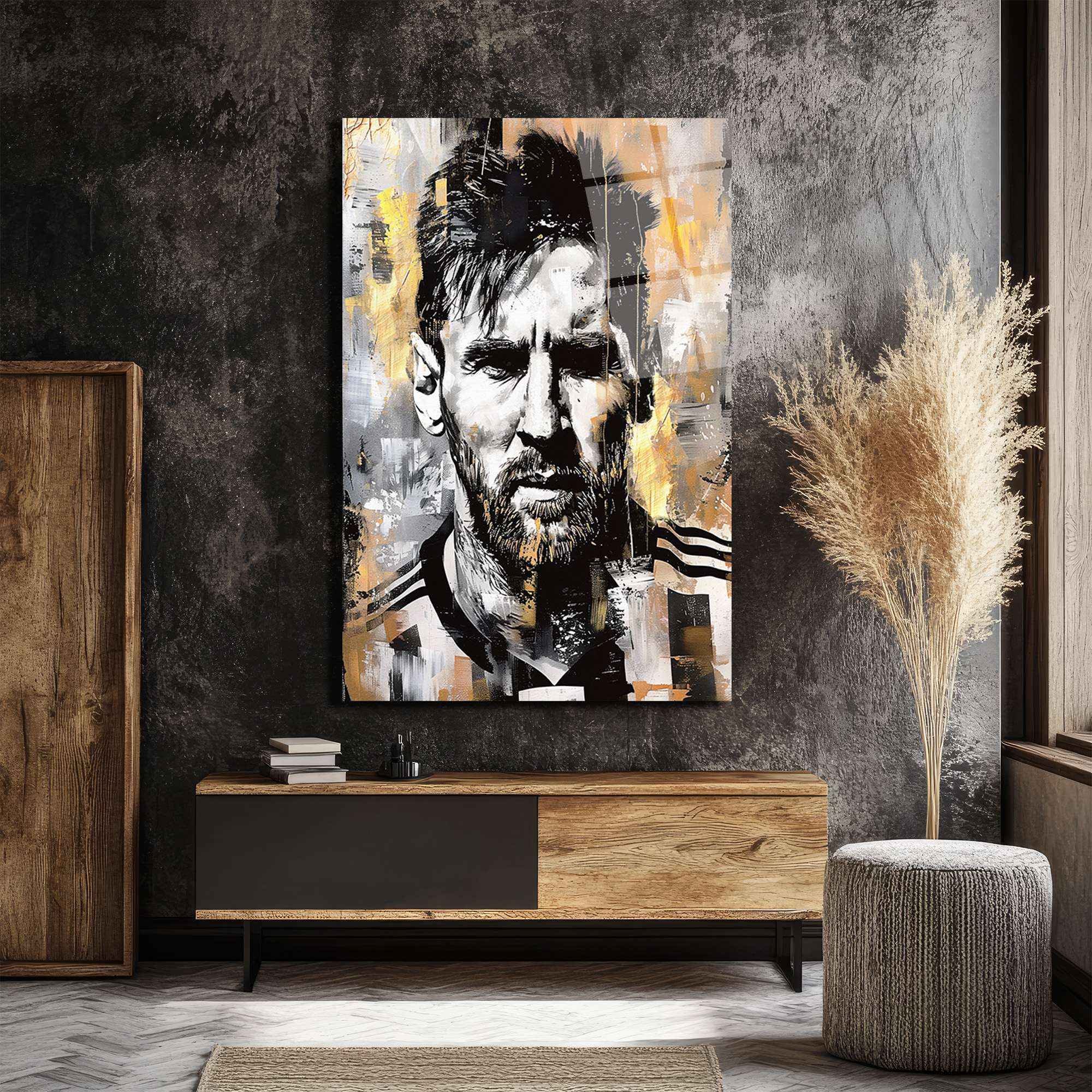 Efsane Lionel Messi Sanatsal Cam Tablo - Modern Soyut Portre Duvar Dekoru Efsane Lionel Messi Sanatsal Cam Tablo - Modern Soyut Portre