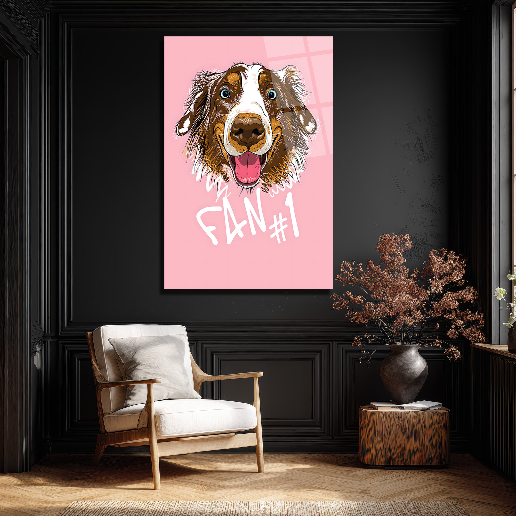 Fan #1 Neşeli Köpek Tasarımlı Temperli Cam Tablo Duvar Dekoru Fan #1 Neşeli Köpek Tasarımlı Temperli Cam Tablo