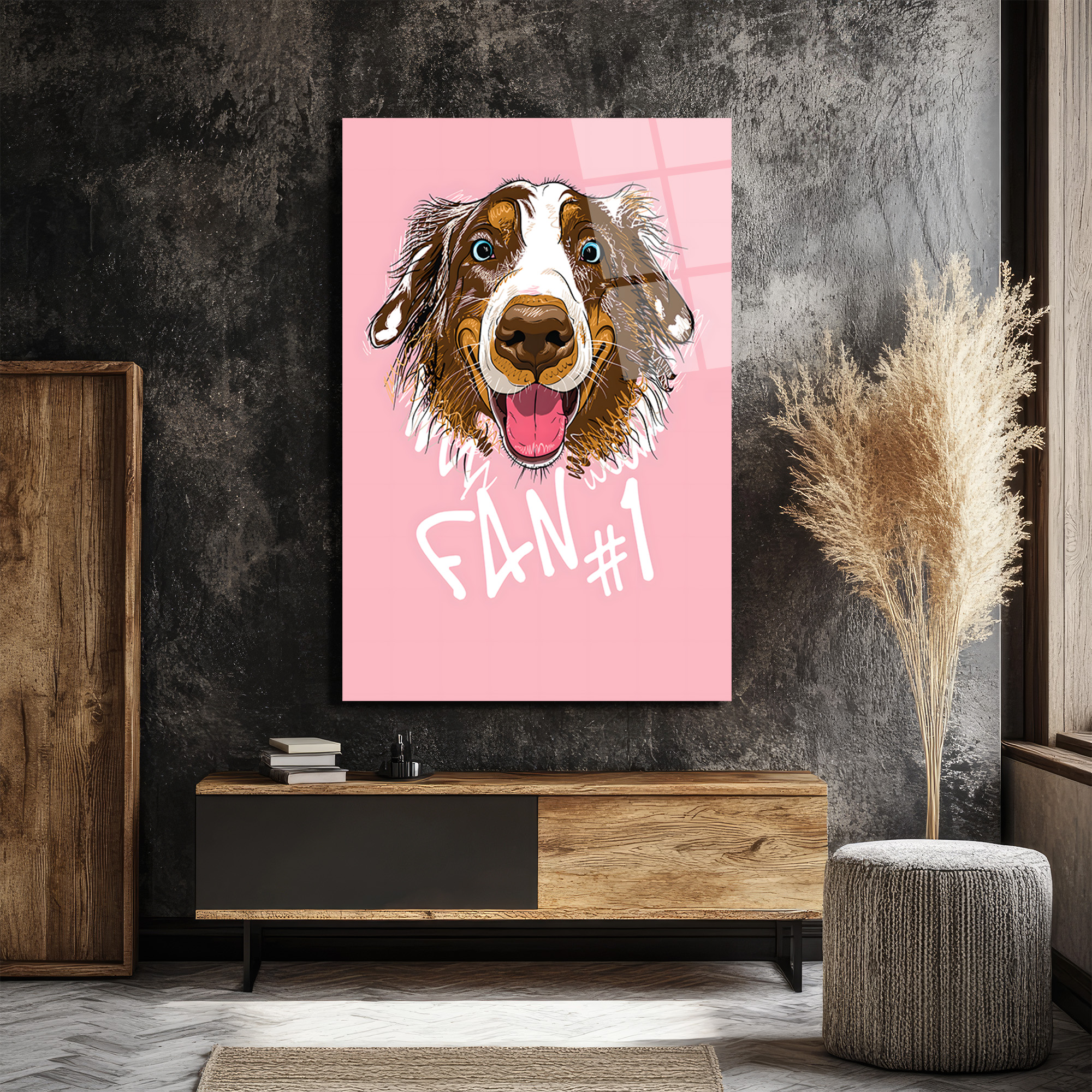 Fan #1 Neşeli Köpek Tasarımlı Temperli Cam Tablo Duvar Dekoru Fan #1 Neşeli Köpek Tasarımlı Temperli Cam Tablo