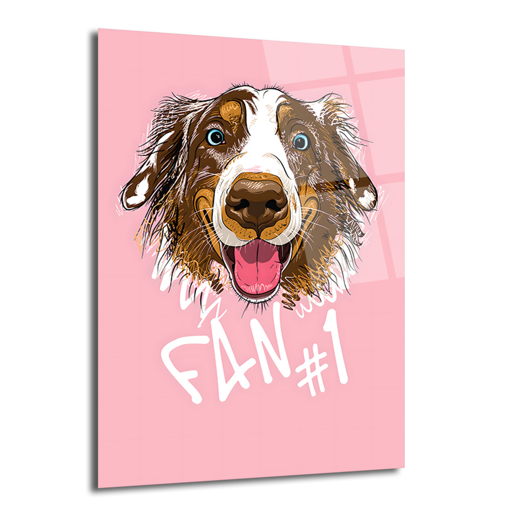 Fan #1 Neşeli Köpek Tasarımlı Temperli Cam Tablo Duvar Dekoru Pembe arka planda, büyük mavi gözleri ve açık ağzıyla neşeli görünen, kahverengi, beyaz ve siyah tüylere sahip karikatürize bir köpek illüstrasyonu. Köpeğin altında beyaz renkte 'FAN #1' yazısı bulunuyor.