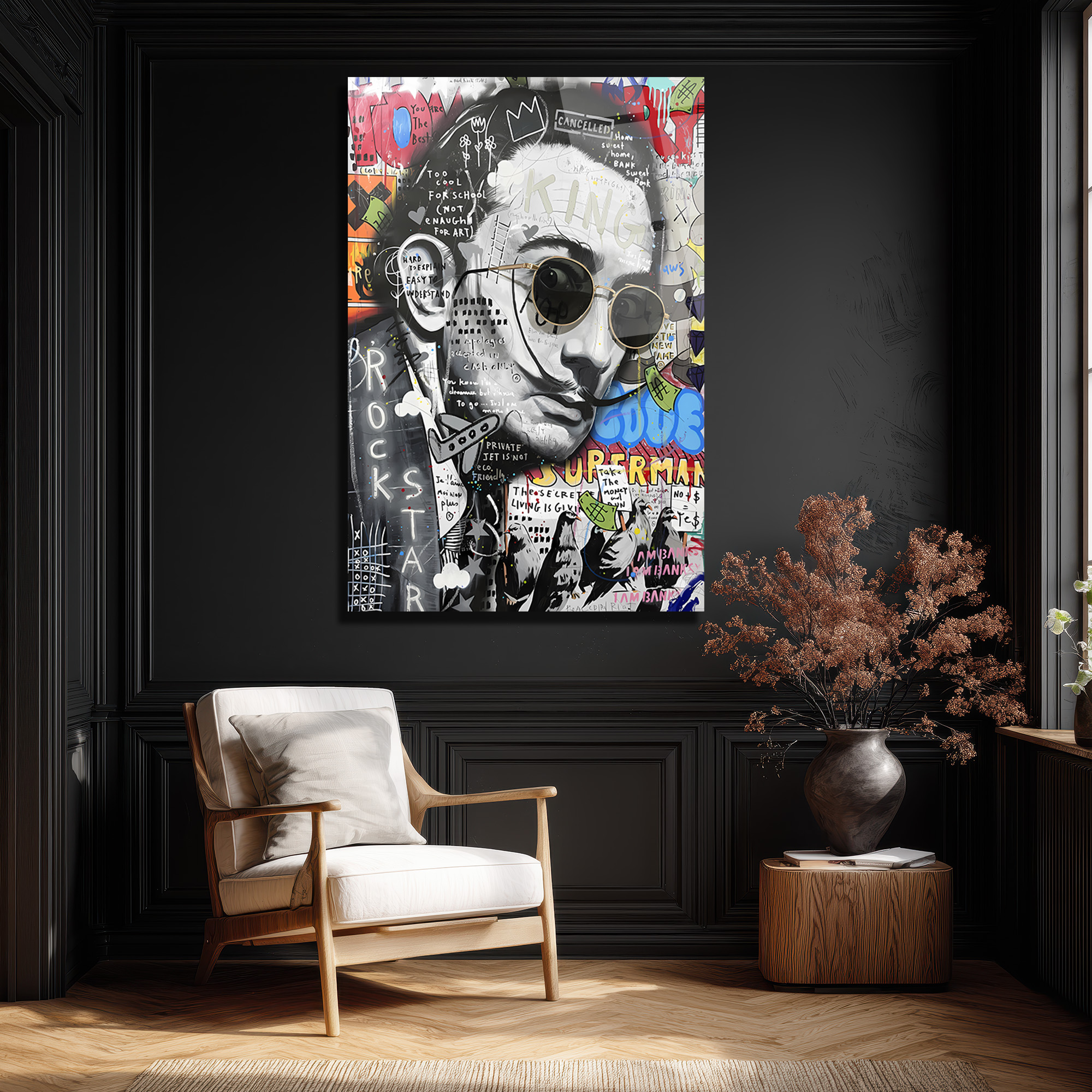 Dalí Rockstar Pop Art Cam Tablo: Modern Sanatın Cesur Yorumu Duvar Dekoru Dalí Rockstar Pop Art Cam Tablo: Modern Sanatın Cesur Yorumu