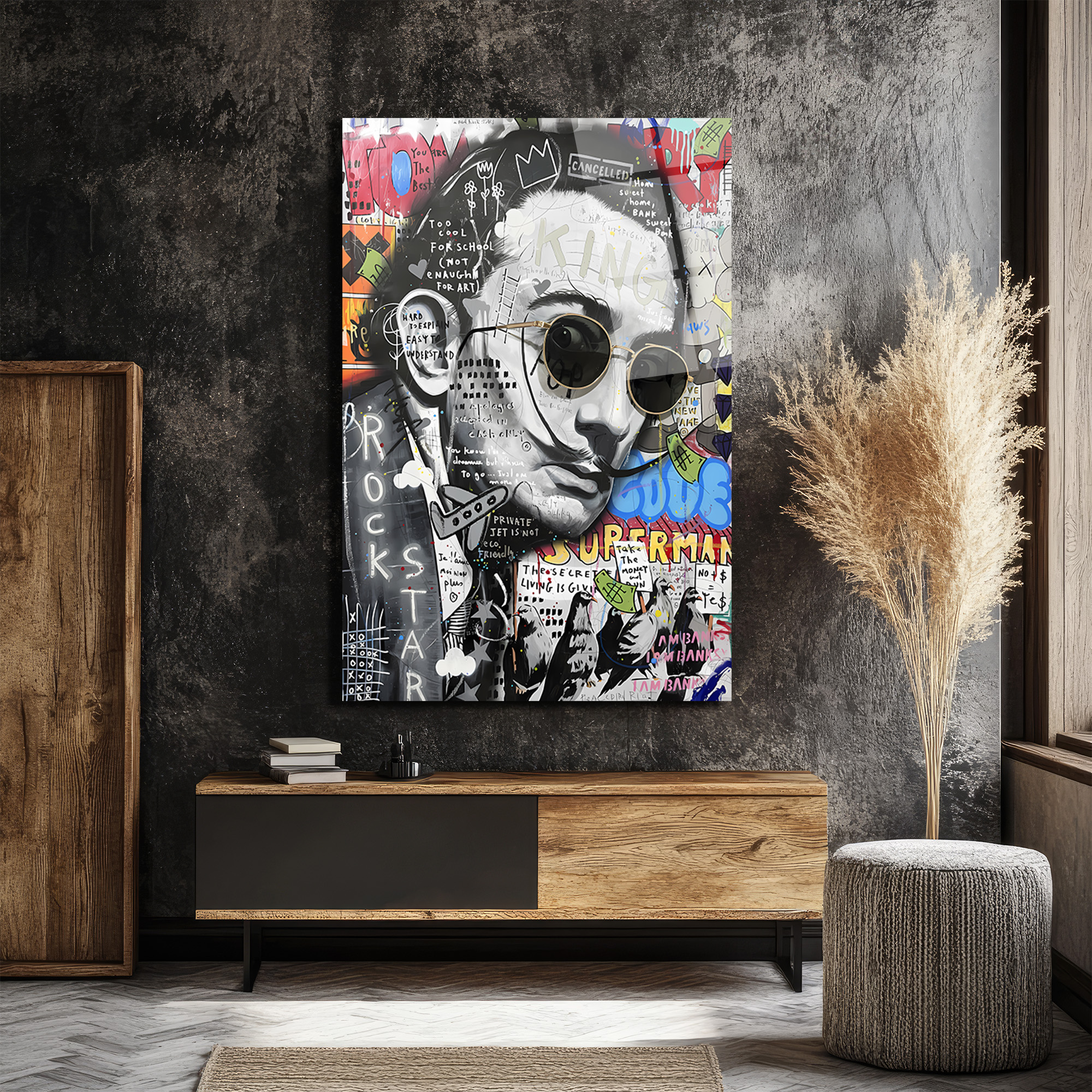 Dalí Rockstar Pop Art Cam Tablo: Modern Sanatın Cesur Yorumu Duvar Dekoru Dalí Rockstar Pop Art Cam Tablo: Modern Sanatın Cesur Yorumu