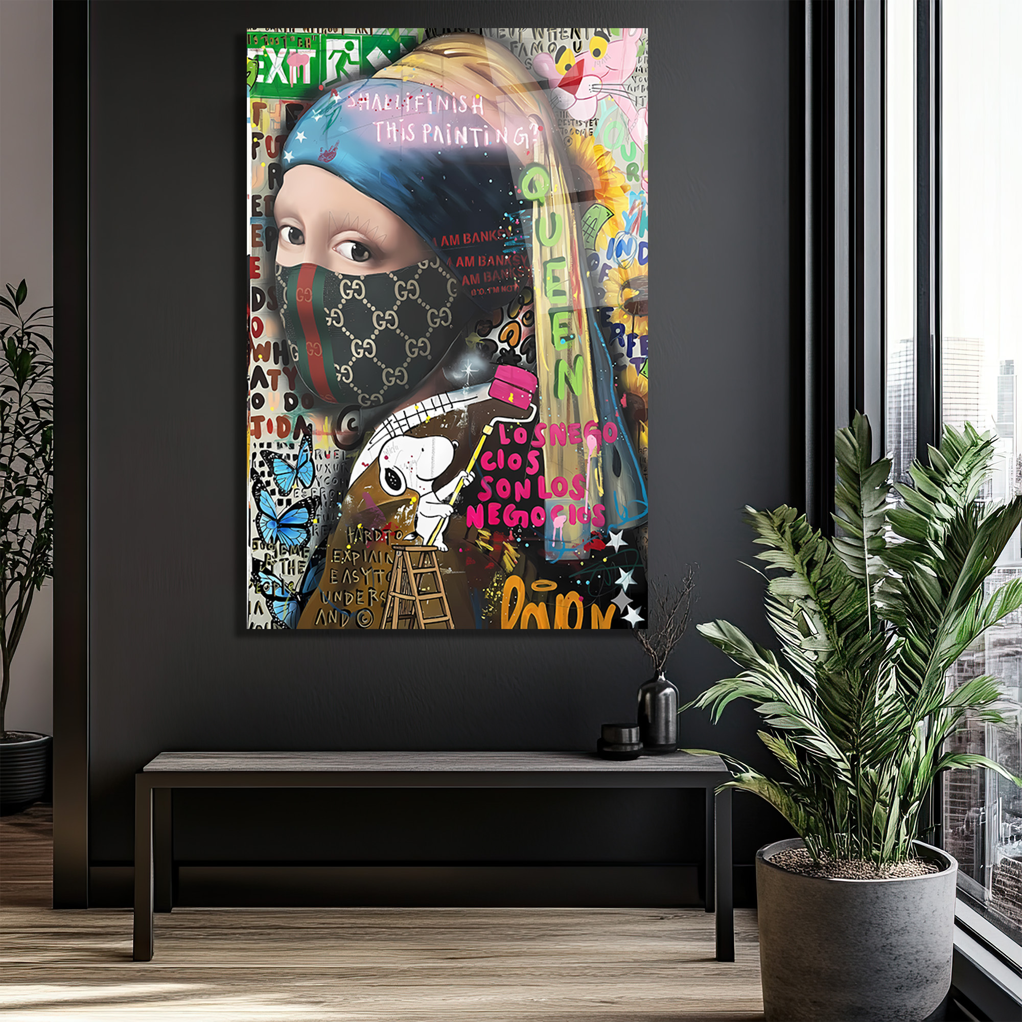 Banksy Esintili İnci Küpeli Kız Maskeli Modern Cam Tablo Duvar Dekoru Banksy Esintili İnci Küpeli Kız Maskeli Modern Cam Tablo