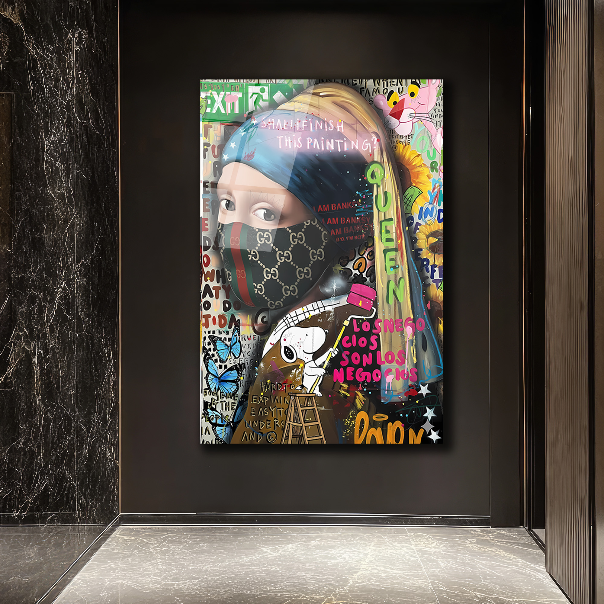 Banksy Esintili İnci Küpeli Kız Maskeli Modern Cam Tablo Duvar Dekoru Banksy Esintili İnci Küpeli Kız Maskeli Modern Cam Tablo