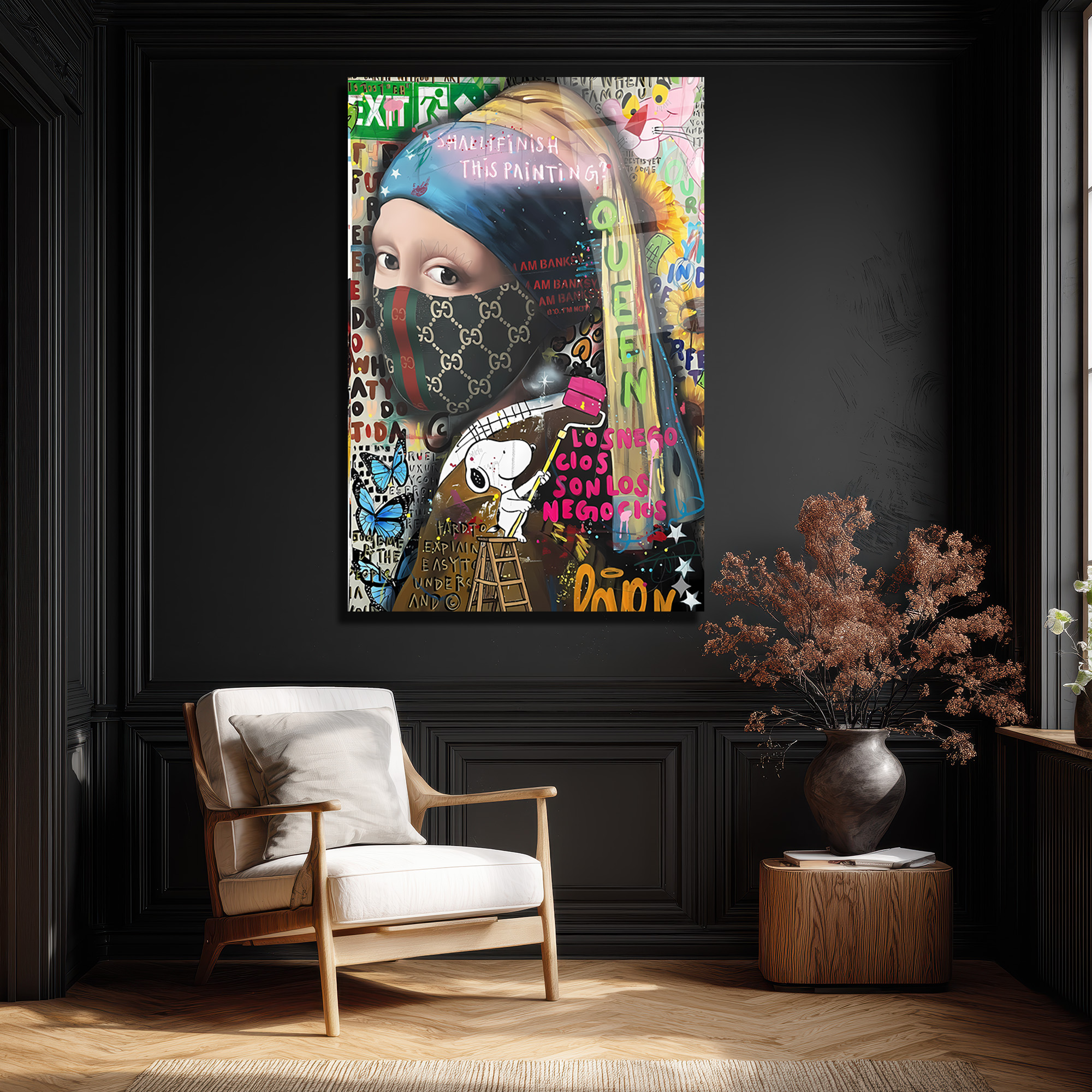 Banksy Esintili İnci Küpeli Kız Maskeli Modern Cam Tablo Duvar Dekoru Banksy Esintili İnci Küpeli Kız Maskeli Modern Cam Tablo
